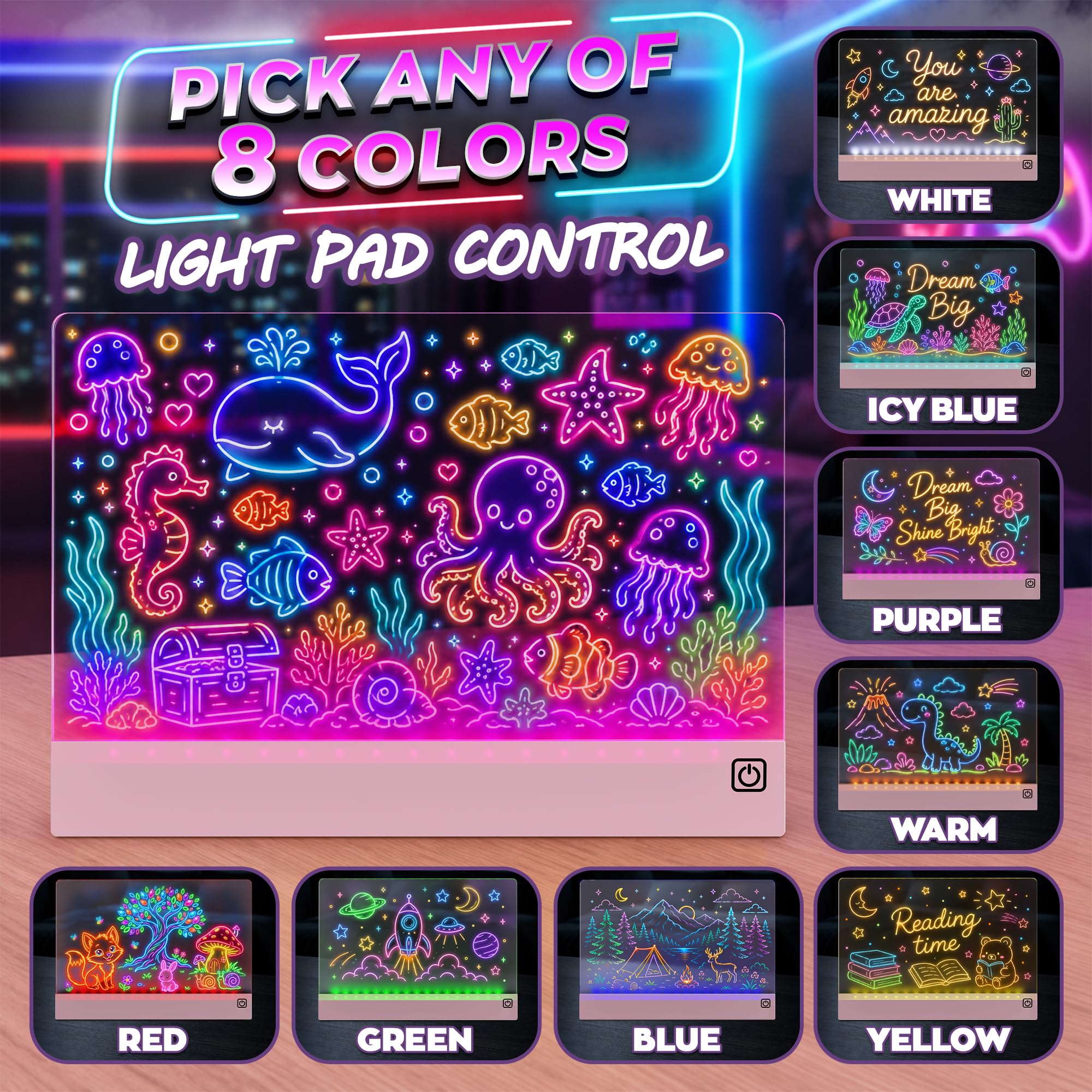 Verbessertes 40,6 cm LED-Zeichenbrett, wiederaufladbar, 8 Farben, 11 Lichtmodi, einstellbare Helligkeit, Acryl-Lichttafel zum Nachzeichnen mit Ständer, Markern und komplettem Set
