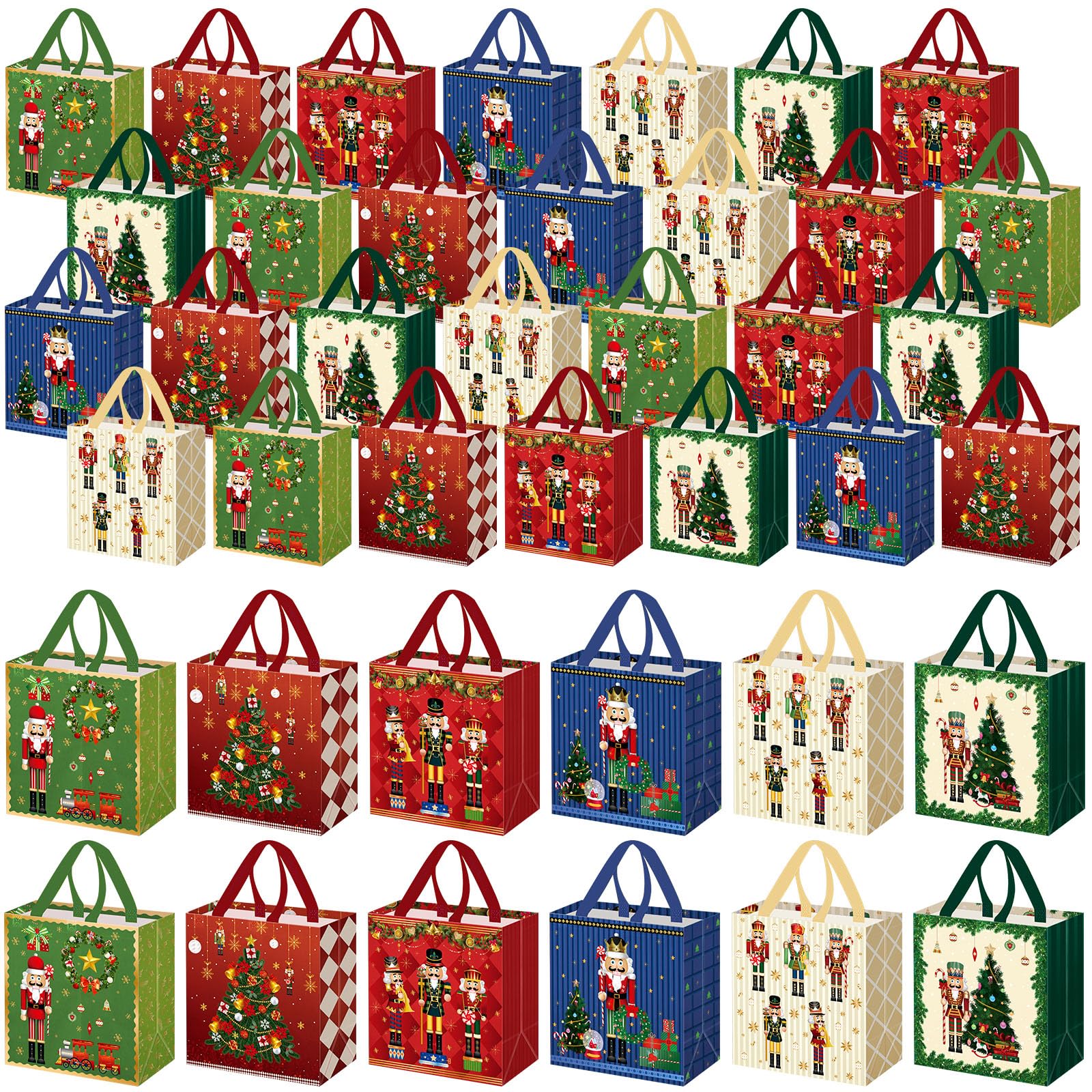 Wesnoy Weihnachtliche Nussknacker-Tragetaschen, Geschenktüten, Großpackung, Weihnachten, Vlies, wiederverwendbar, mit Griffen, für Urlaub, Weihnachten, Party, Neujahr, Einkaufen, 29 x 27 x 12 cm, 48