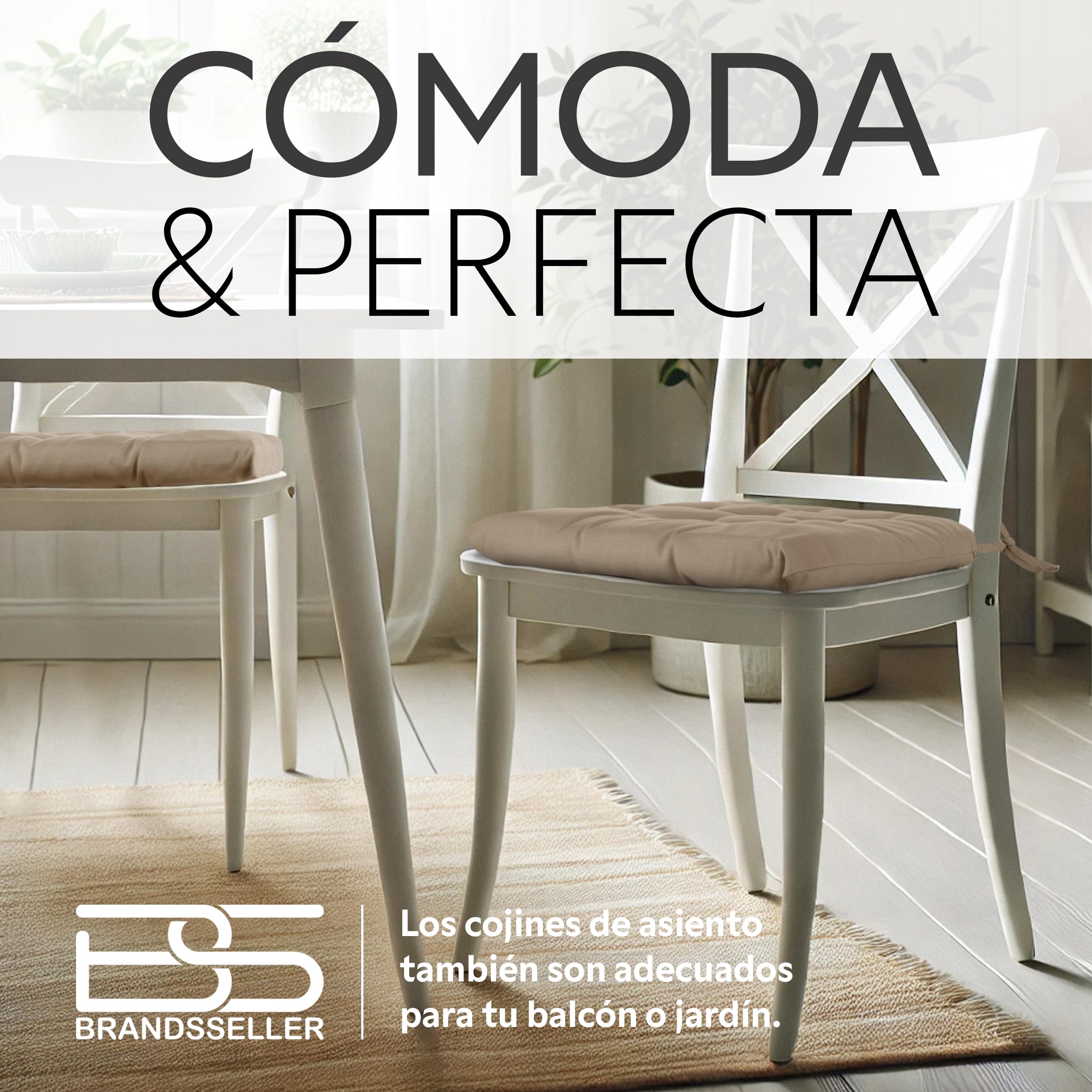 Brandsseller Juego de 4 Cojín de Asiento 40x40 cm Cojín para Silla Colchoneta para Silla con Correas de Sujeción Cojín Decorativo para Interior y Exterior Acolchado - Taupé
