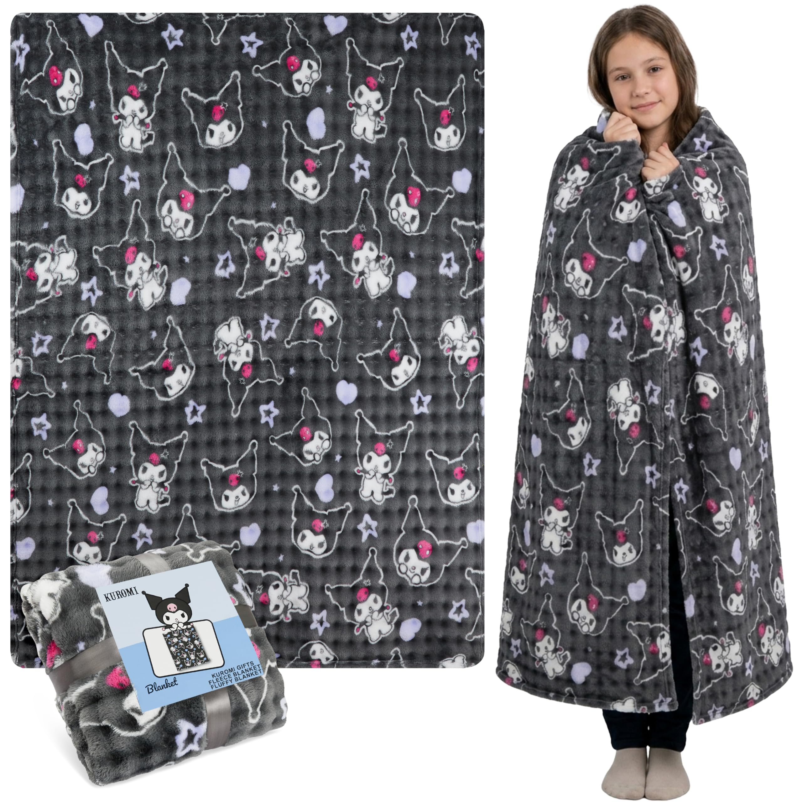 Get Trend Kuromi Sanrio Fleece Waffle Blanket 150x130cm, Kawaii Soft Throw for Sofa & Bed, Warm Cosy Blanket, Bedroom Accessories, Anime (Grey Kuromi)
