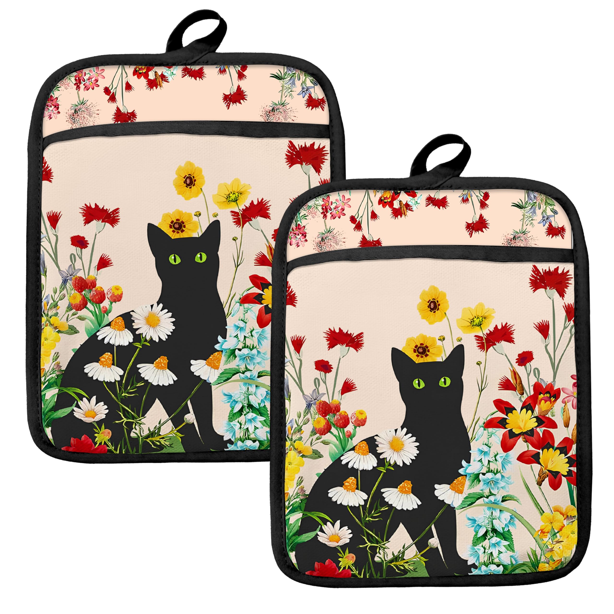 Guantes y soportes para ollas de gato negro resistentes al calor para hornear