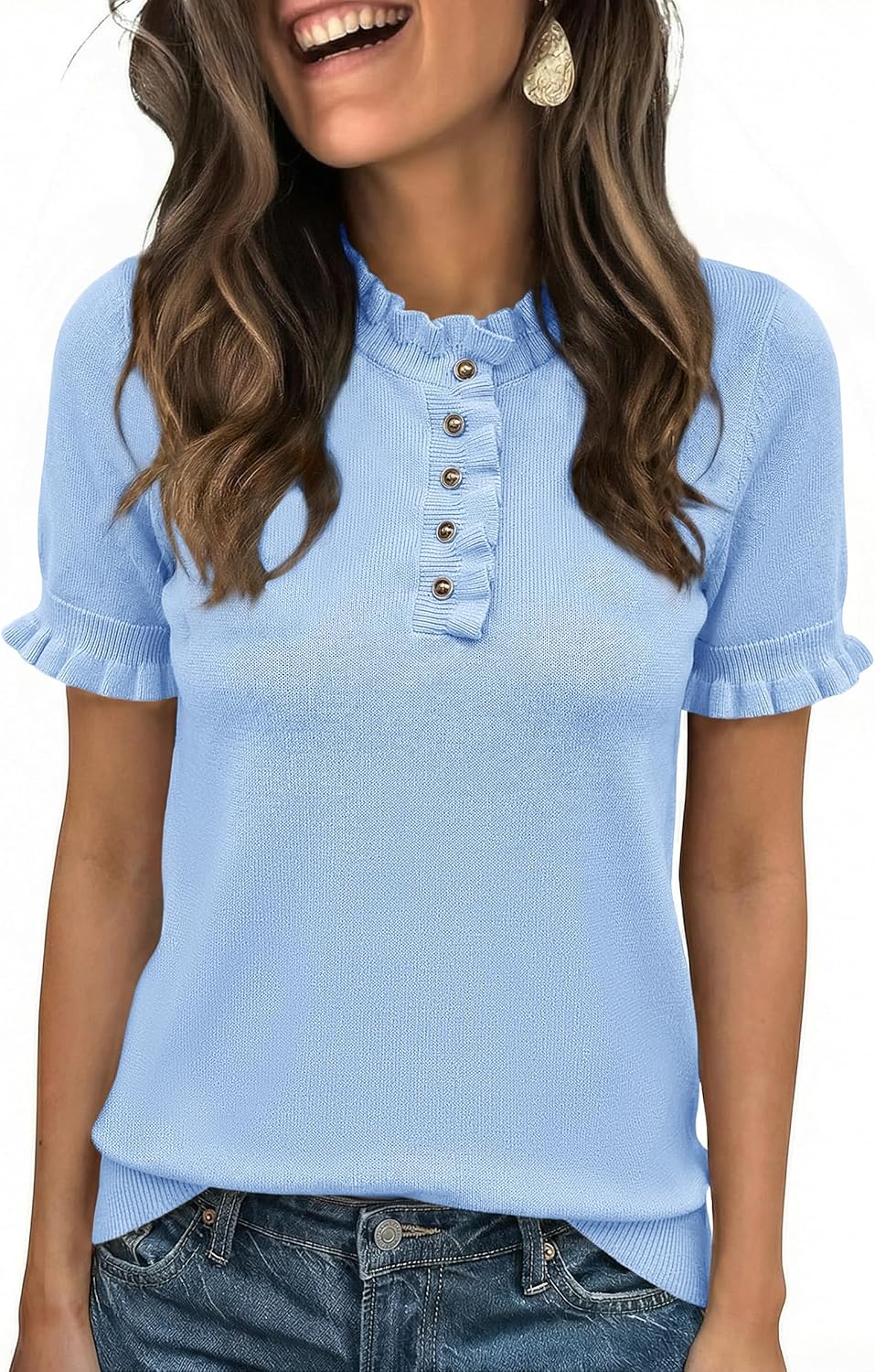 Cicy Bell Womens Puff Short Sleeve Sweater Tops Ruffle Henley Neck Spring Summer Pullover Dressy Casual Knit Shirts