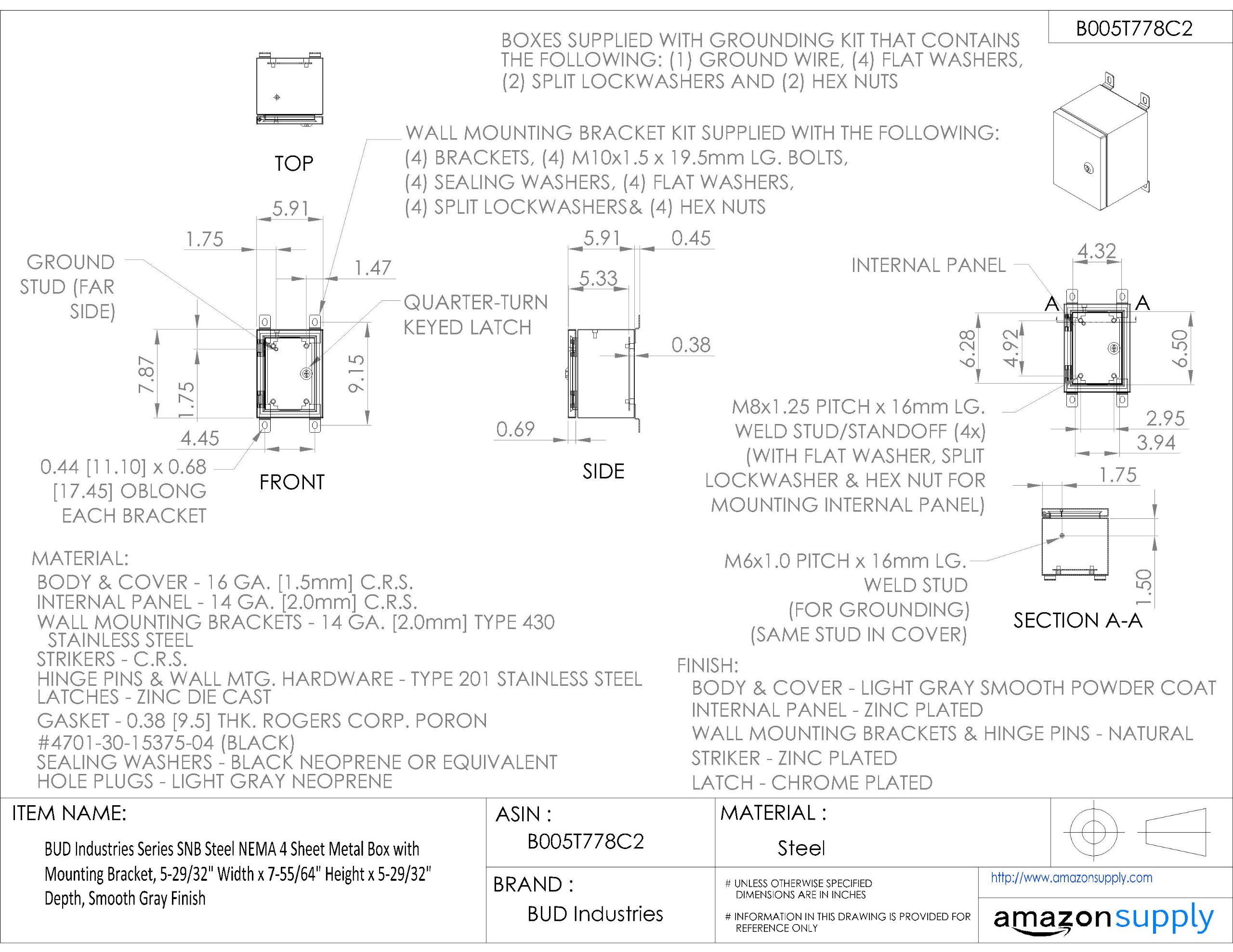 BUD Industries Series SNB NEMA Metallbox mit Halterung, 4 Blech, 14,5-73,6-81,3 cm Breite x 17,7-139,7 cm Höhe x 12,7-73,6-81,3 cm Tiefe, glattes graues Finish