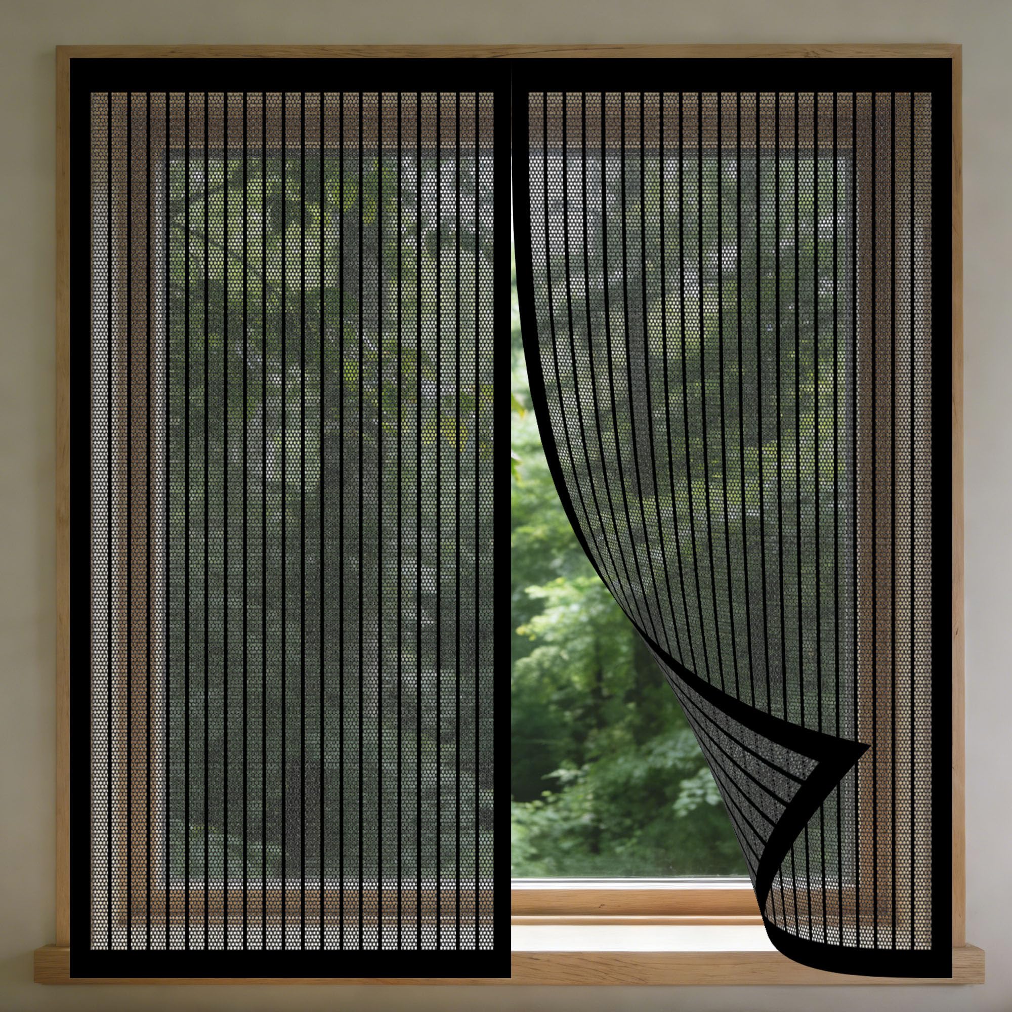 Moustiquaire fenêtre magnétique 195x190 cm ajustable avec rideau de porte aimanté noir