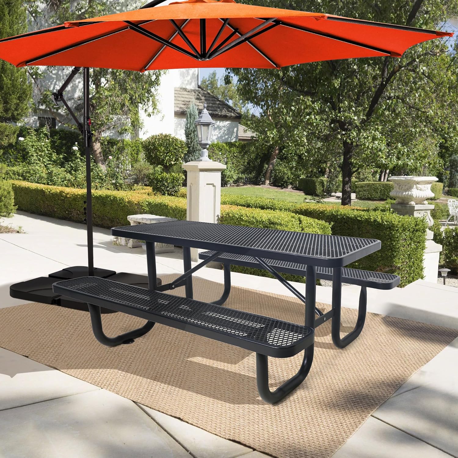 4FT Rectangular Metal Picnic Table for Outdoors, Commercial Steel Metal Picnic Tables, Heavy Duty Sturdy Picnic Tables Furniture Set for Patio Garden Courtyard BBQ, with Umbrella Hole, Black