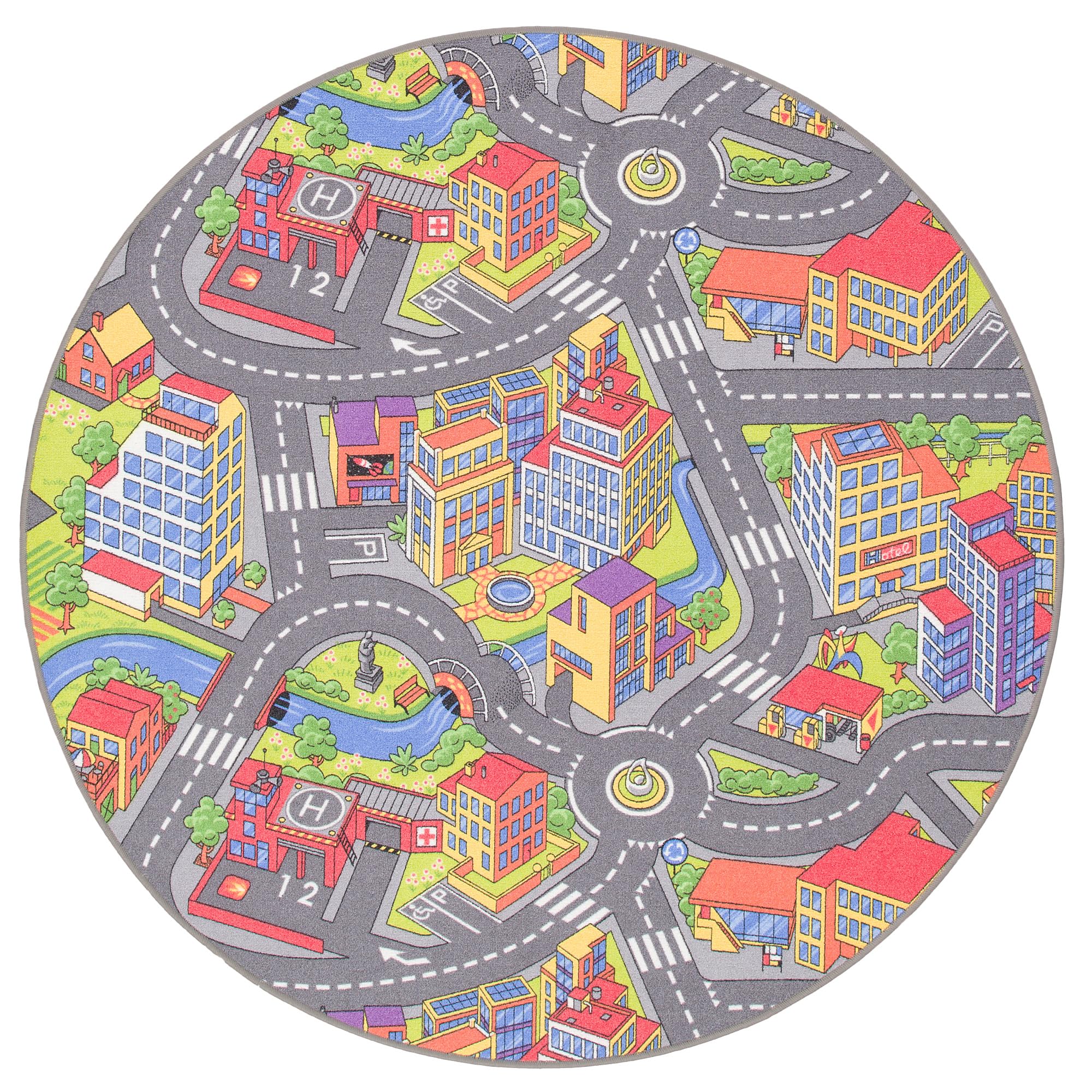 Snapstyle Tapis de Rue pour Enfants Little Town 3D Rond - Gris - 4 Tailles