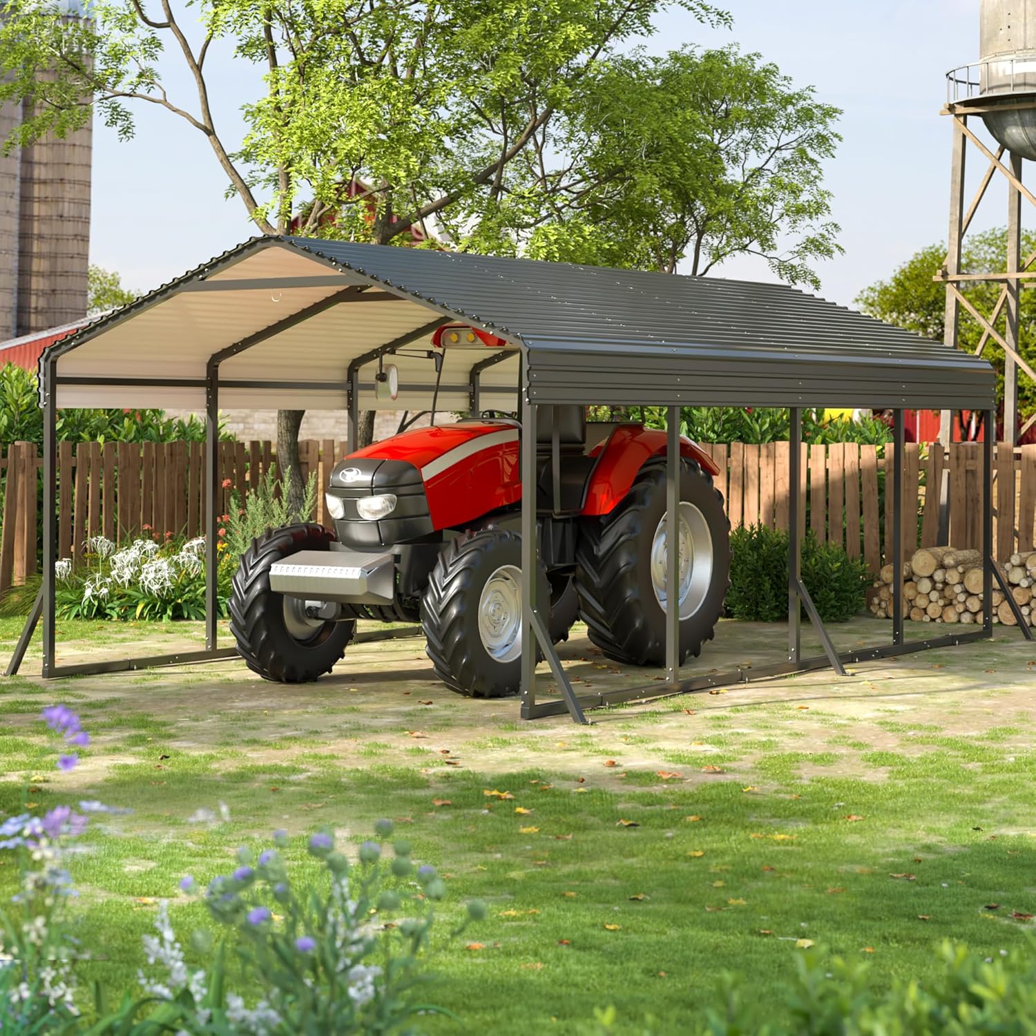 AirWire 12x20 FT Metal Carport sheltering a red tractor in a grassy outdoor setting.