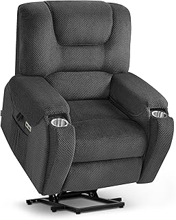 M MCombo Fernsehsessel mit Aufstehhilfe Elektrisch, mit Massage & Heizung, Relaxsessel mit Liegefunktion bis 145° 35D Vollschaum-Sitzkissen Versteckte Becherhalter 7252 (Stoff, Dunkelgrau)