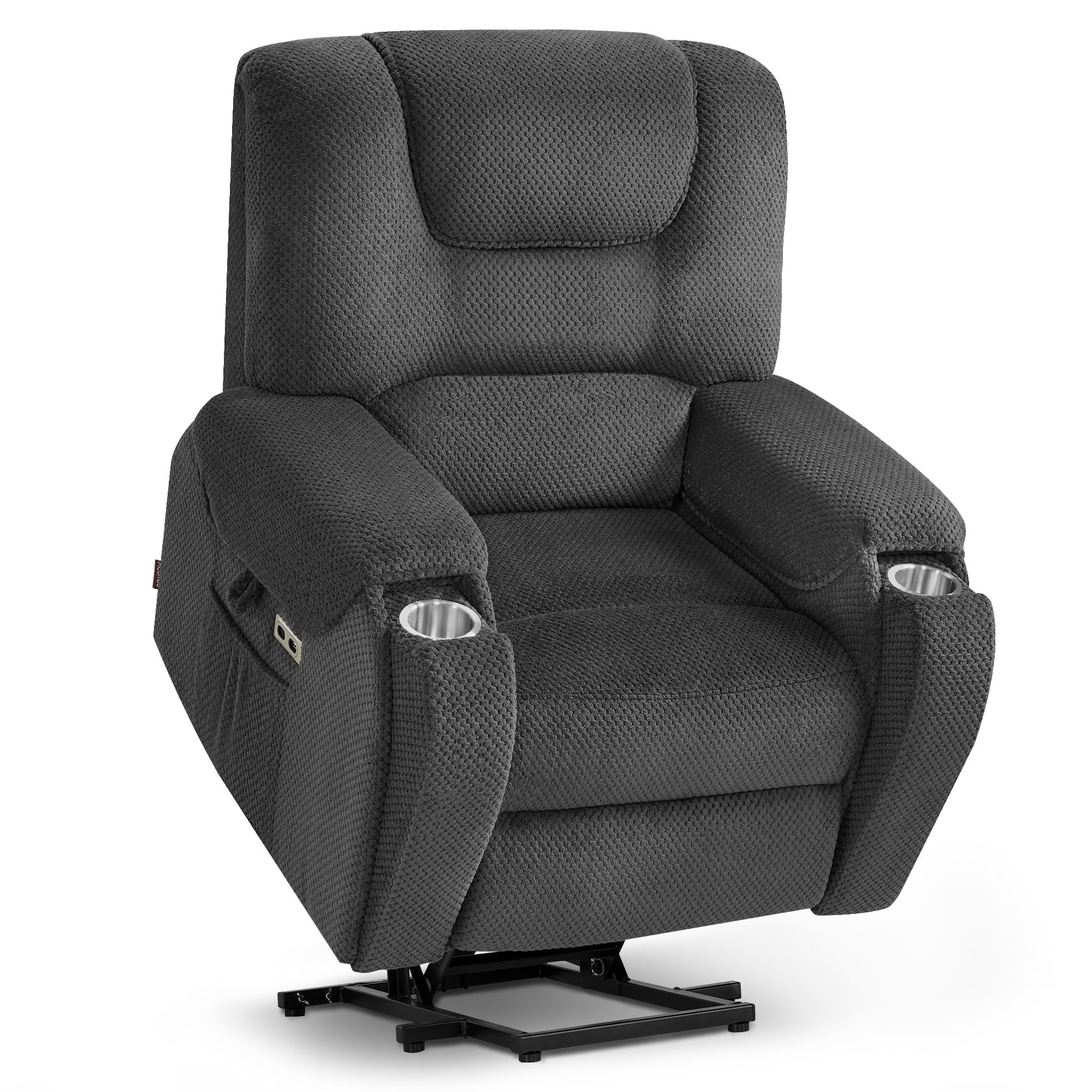 MCombo M Poltrona TV con funzione alzapersona elettrica, con massaggio e riscaldamento, poltrona relax con funzione reclinabile fino a 145°, portabevande nascosti 7252 (Tessuto, Grigio scuro)