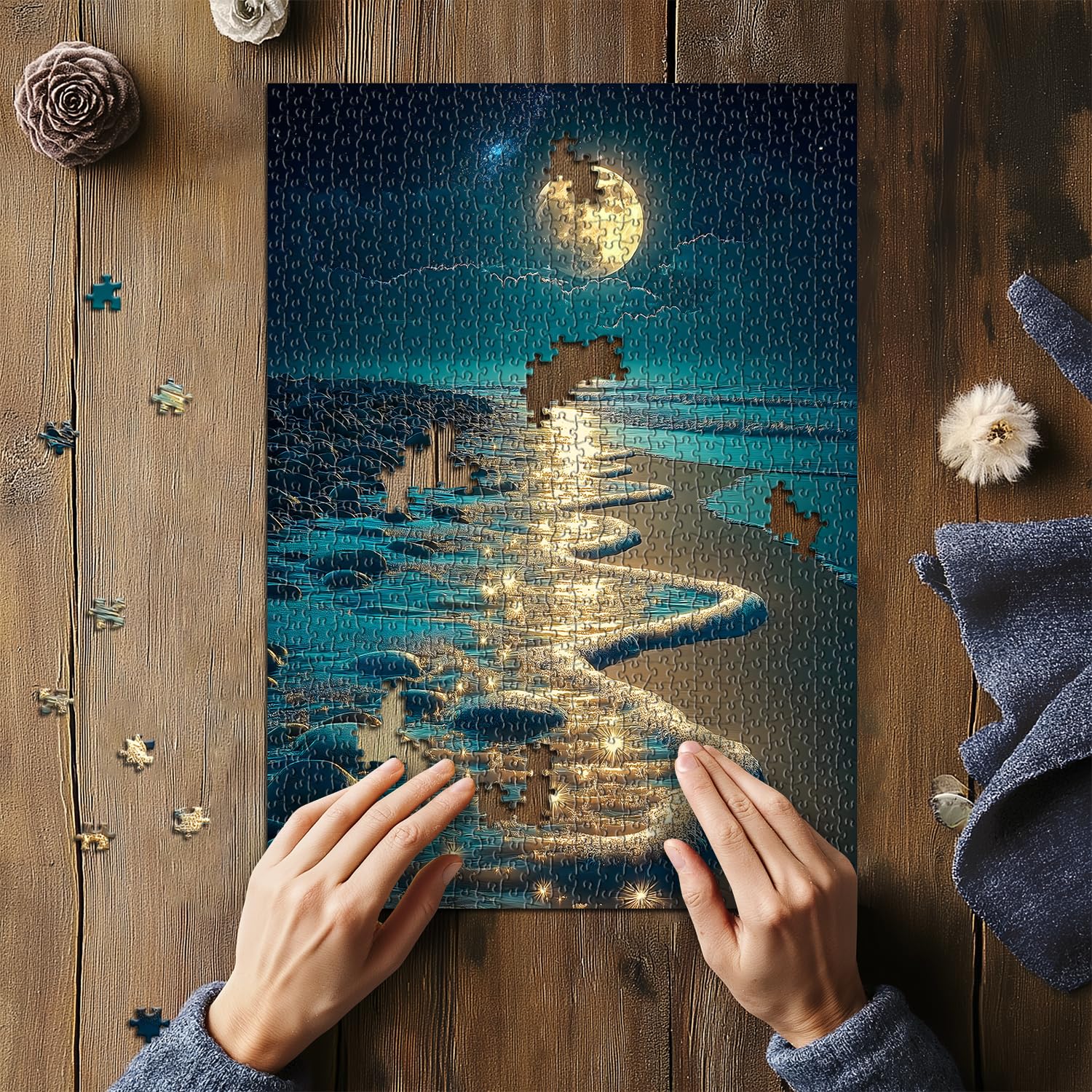 PICKFORU Beach Jigsaw Puzzle 1000 Pieces, Ocean Moon Nature Art Scenery, Colorful Magic Beach Themed Puzzle, Challenging for Adults - Image 4