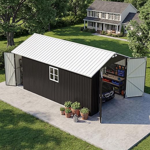 Patiowell 12x20 FT Enclosed Metal Carport, Large Heavy Duty Car Port with Galvanized Steel Frame, All-Weather Garage Car Shelter with 3 Lockable Doors & Windows for SUV, Boats and Trucks, Black