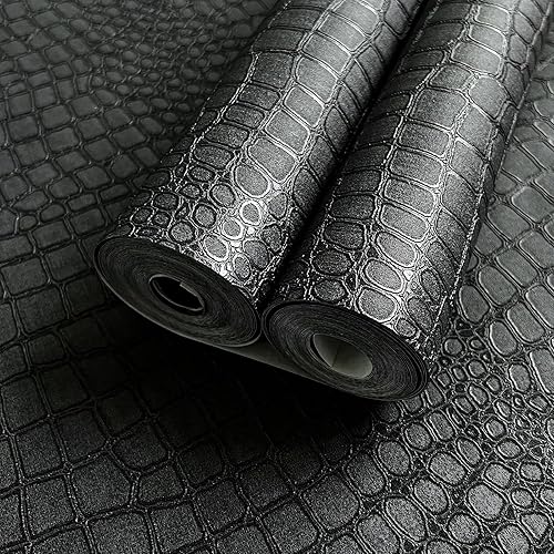 Miniatura 8 de Papel tapiz texturizado de cocodrilo de 17.3 x 394 pulgadas, color negro, papel adhesivo fácil de instalar y extraíble para gabinetes, dormitorios y