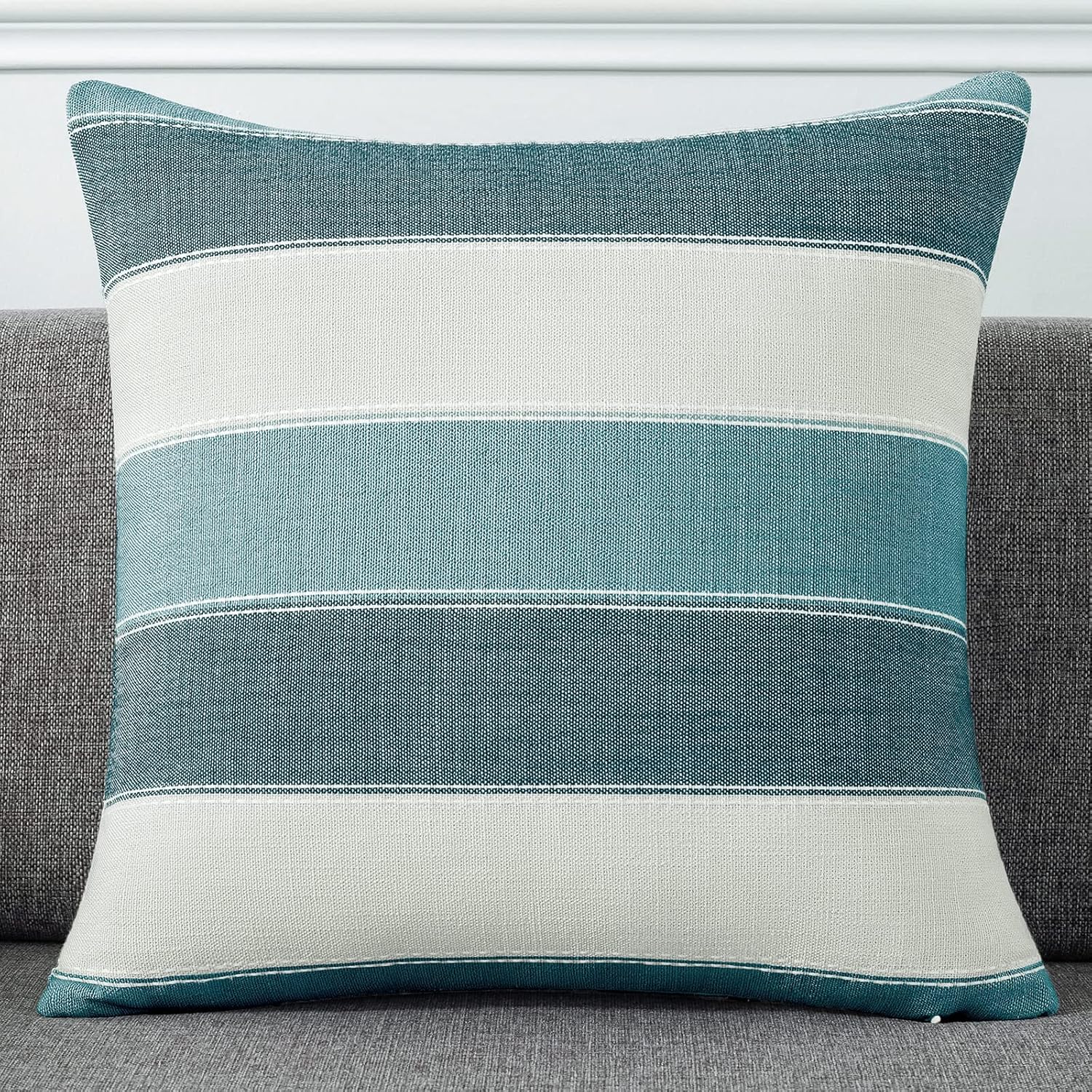 AmHoo Pack of 2 Farmhouse Stripe Check Throw Pillow Covers Set Case Cotton Linen Decorative Pillowcases Cushion Cover for Couch Bench Sofa 22x22Inch Teal Blue