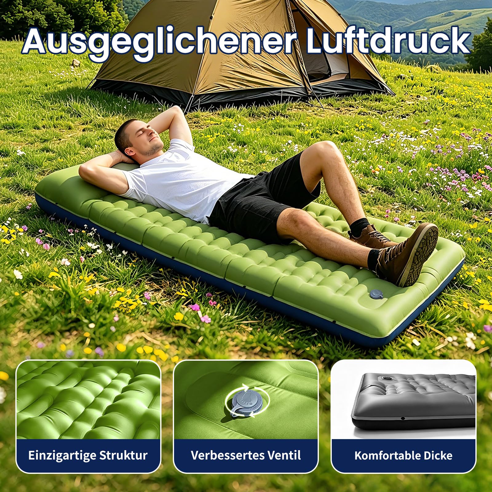 Isomatte Camping, 12 cm Hoch Aufblasbare Luftmatratze mit Integrierten Kopfkissen, Ultraleicht Campingmatte, wasserdichte Luftzellenmatte mit Fußpumpe für Wandern Outdoor Zelt Strand