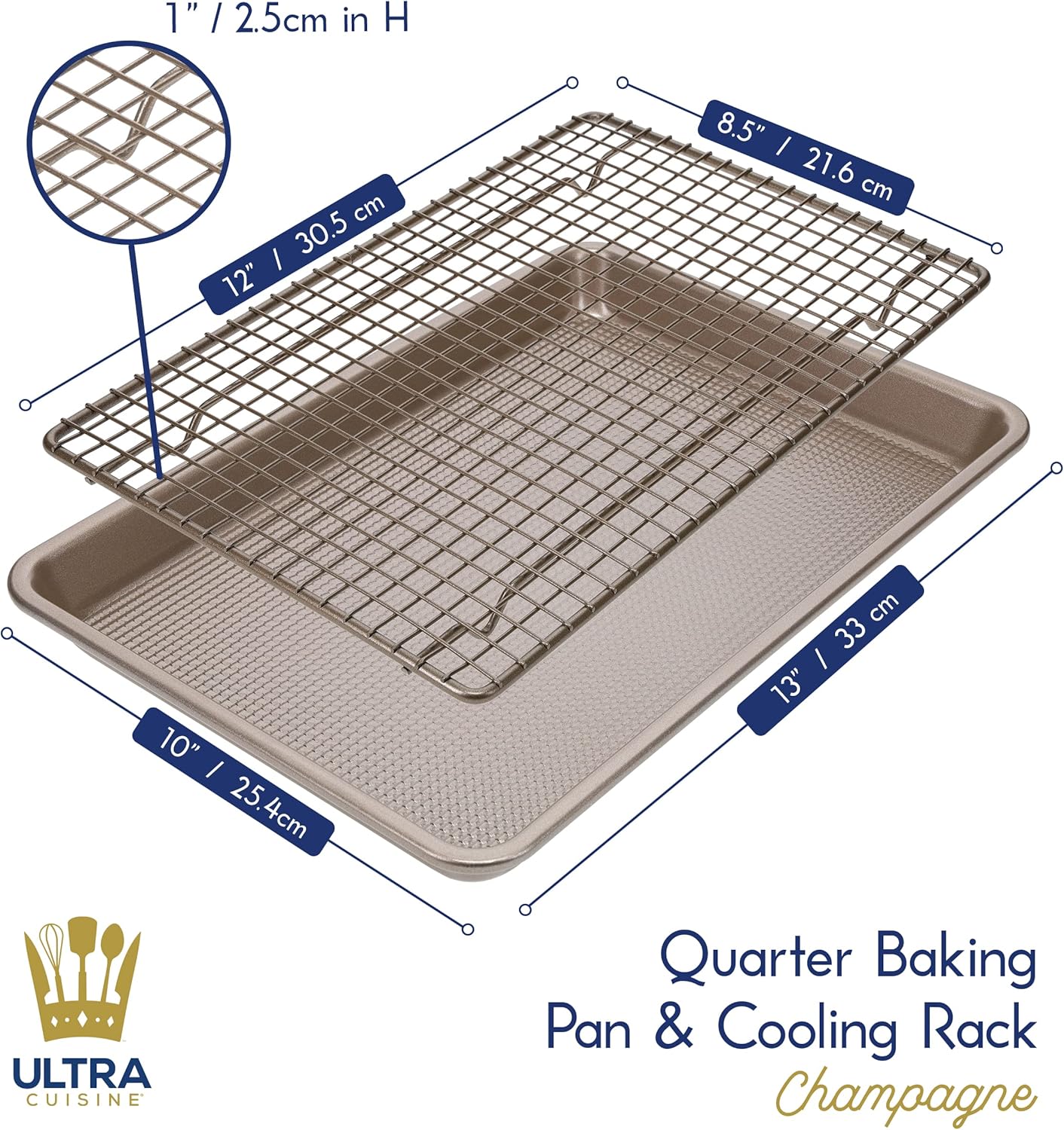 Ultra Cuisine Aluminum Baking Sheet with Stainless Steel Cooling Rack Set -Half Sheet Size Pan 13 x 18 inch, Durable Rimmed Sides, Easy Clean, Commercial Quality for Cooking and Roasting
