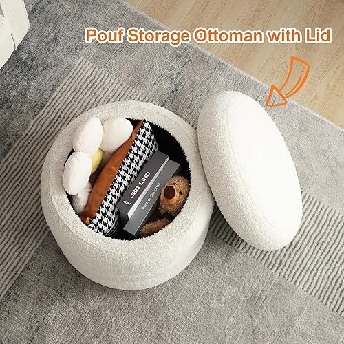 Miniatura 61 de ONEVOG Otomana redonda de almacenamiento, mesa otomana pequeña de 20 pulgadas con tapa extraíble, taburetes de tela de lino suave para sofá, asiento