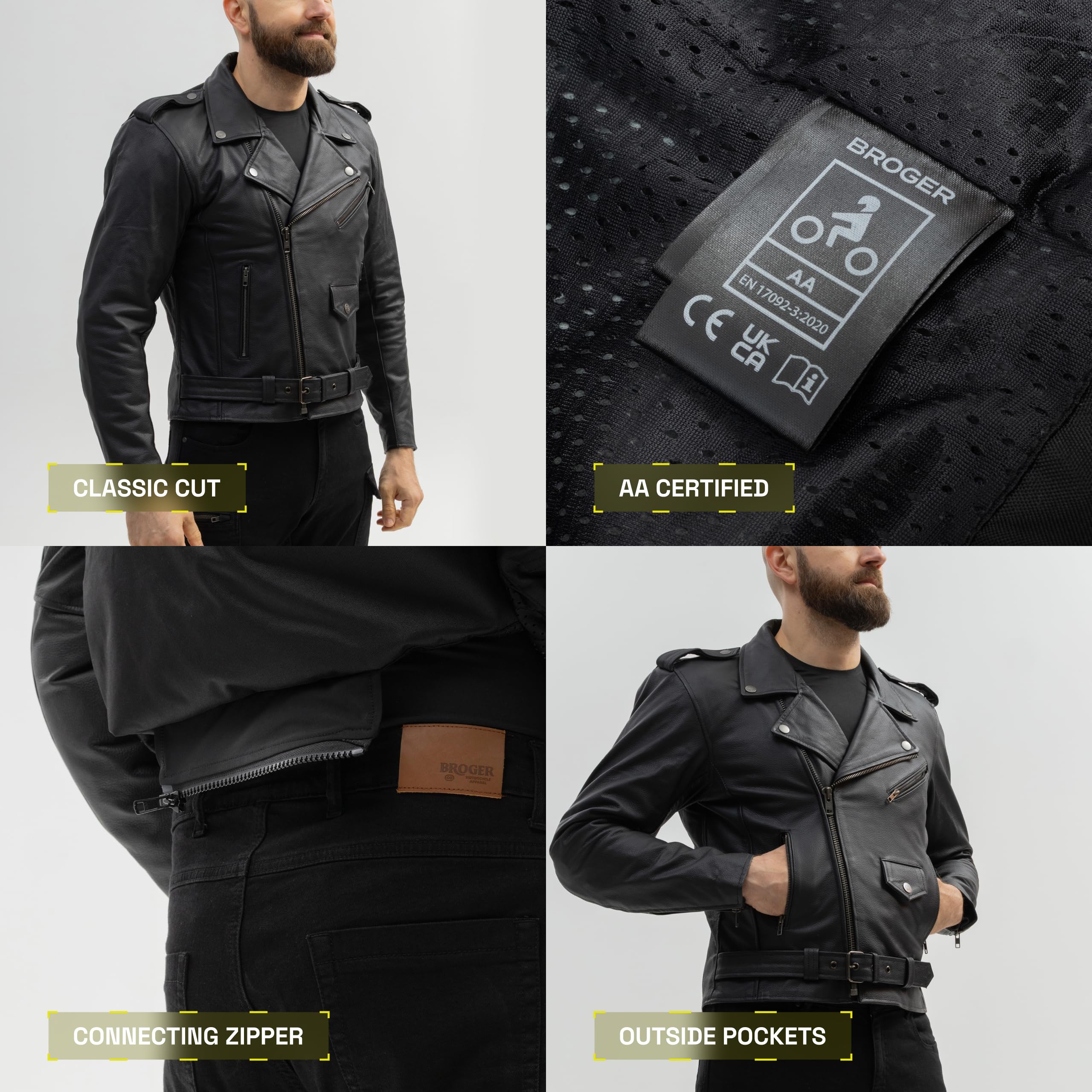 BROGER Rocker Chaqueta de moto Hombre | Piel | Protectores de codo y hombro de Nivel 1 | Bolsillo para protector de espalda | Nivel de protección AA | Tallas hasta 10XL