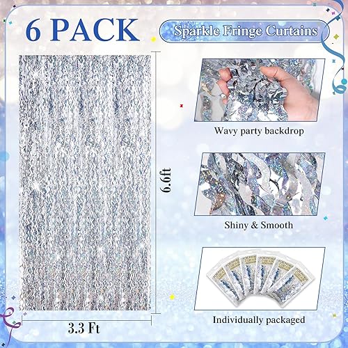 Miniatura 2 de Telón de fondo de flecos de aluminio de 6 piezas de 3.3 pies x 6.6 pies, cortina de flecos ondulados de oropel para temática oceánica de cumpleaños,