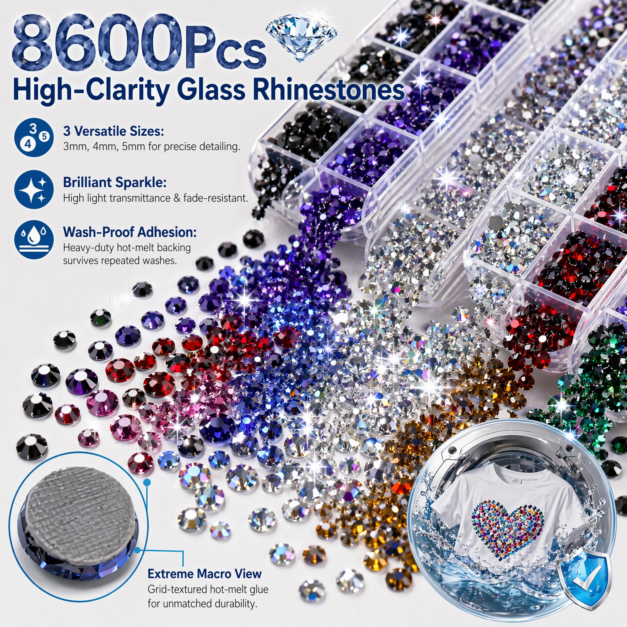 Worthofbest Hotfix Strass-Applikator-Set mit 8600 Hot-Fix-Kristallen, 3 mm, 4 mm, 5 mm, Bedazzler-Kit für glitzernde Kleidung, Stoff, Leder – waschbar, Etui
