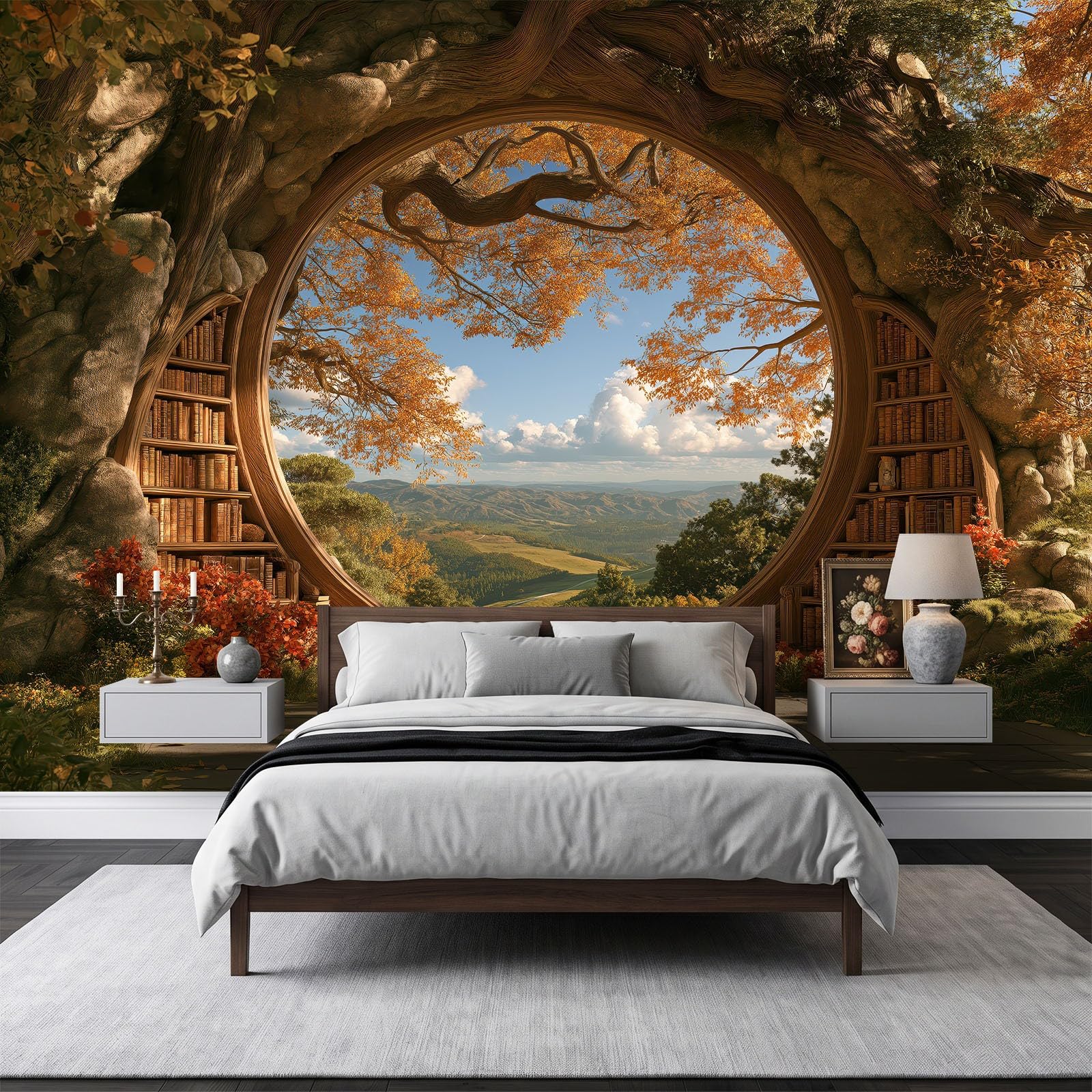 Générique Panoramiczna tapeta 250 x 175 cm fantasy fenster Pflanzen Uralte Bäume włóknina XXL fototapeta dekoracja ścienna gobelin obraz salon sypialnia - tapeta Trompe l'eil efekt 3D, żółta