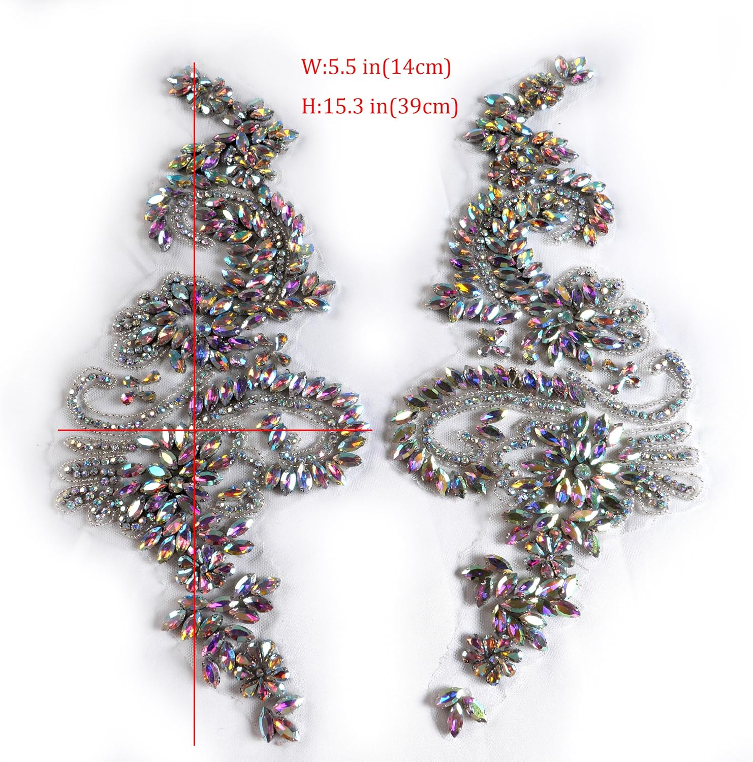 Luxury Look Shiny Rhinestone Pair Applique Patch in Gold Silver champgane AB Color for Prom Dress Belt Arts Crafts Sewing decorat (AB Color)