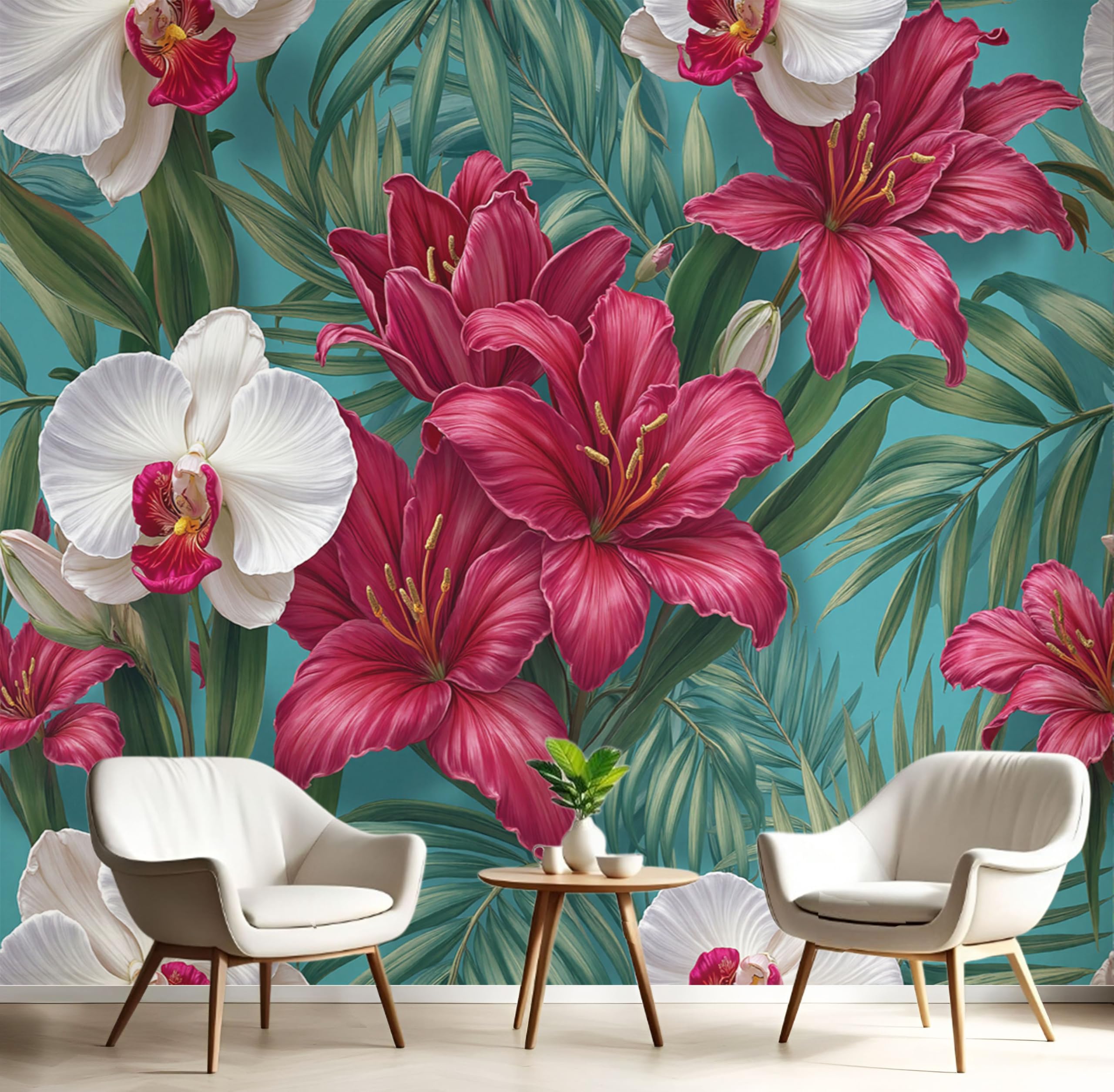Papier peint panoramique rose chic et tropical pour une chambre élégante