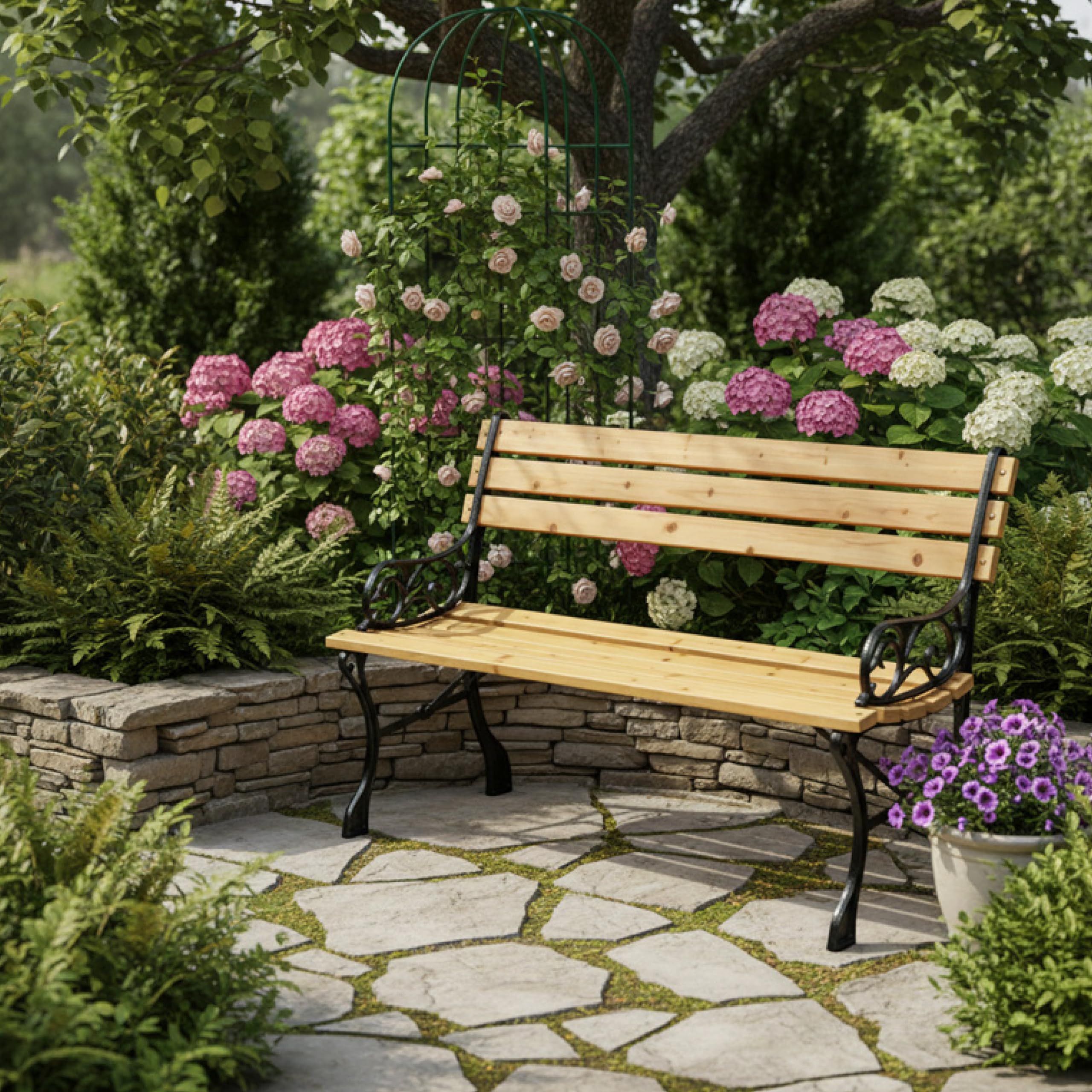 Baroni Home Panchina da Giardino in Legno e Ghisa Decorata, Panchina Esterno 2-3 Posti con Schienale e Braccioli, per Giardino, Terrazzo, Balcone e Patio, 122x50x70 cm