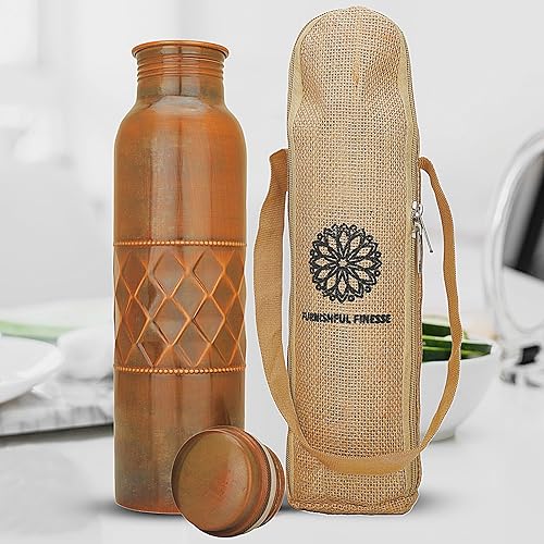 Miniatura 3 de Botella de agua de cobre puro para beber, recipiente de agua de 34 onzas con bolsas de transporte para yoga, gimnasio, meditación, botella