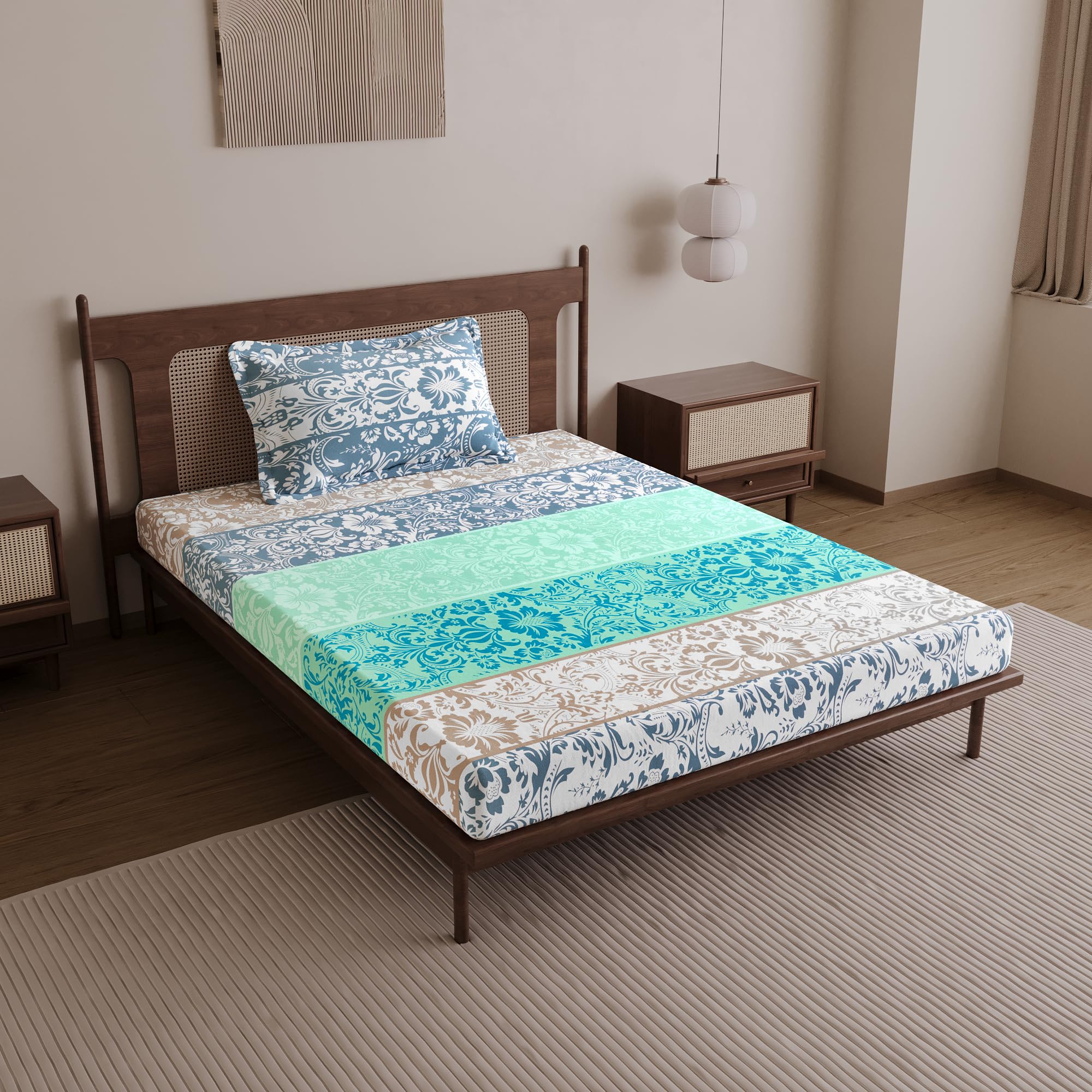 Divine Casa 144 TC 100% Cotton Single Bedsheet with 1 Pillow Cover | Soft Breathable Wrinkle Free Bed Sheet Set | Printed Bedding for Bedroom | 145 x 223 cm (Cream & Sky Blue, Floral)