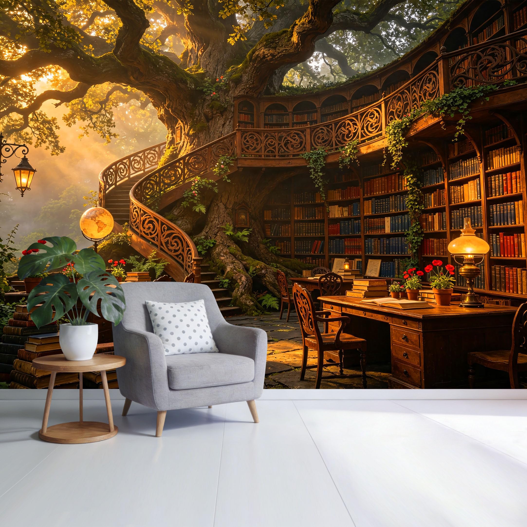 Custom Size Wall Mural Enchanted Ancient Tree Library Bookshelf 3D Trompe L'Oeil Removable Self Adhesive Fabric Home Wall Decor for Living Room Bedroom Bathroom