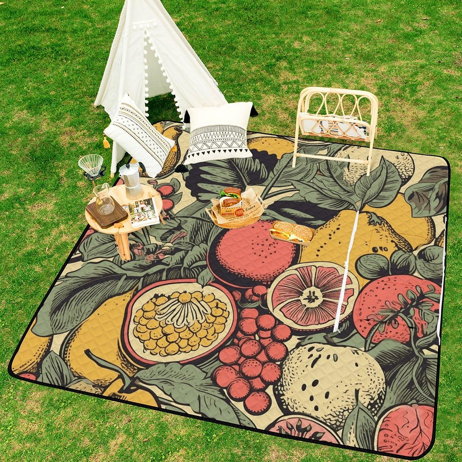 Manta de picnic de frutas y hojas, lavable a máquina, 200 cm x 200 cm, extragrande, impermeable y resistente a la arena, plegable, compacta, para playa, extragrande, para acampar en primavera y verano