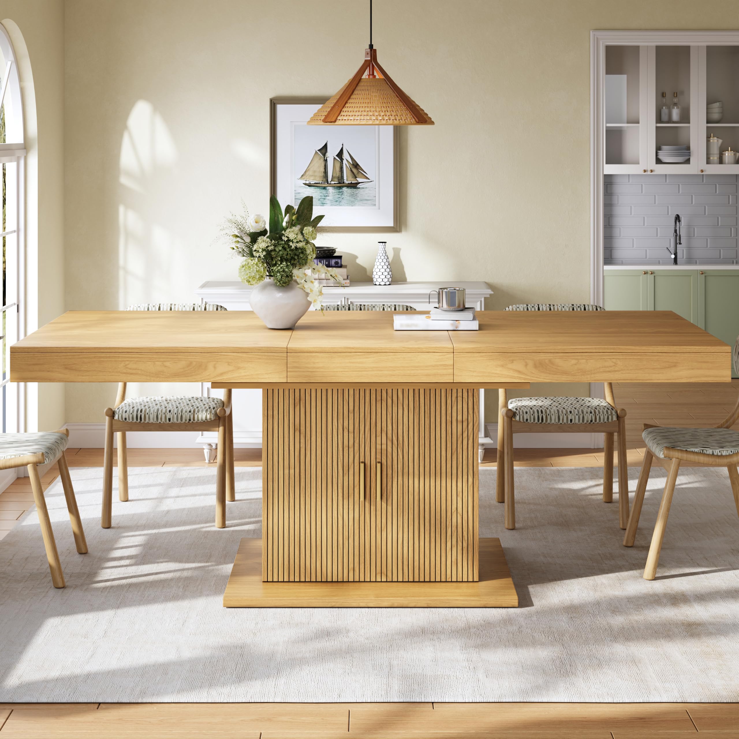 Mesa de comedor extensible con espacio de almacenamiento integrado de 140 a 180 cm, puertas estriadas verticales, estantes extraíbles, ahorro de espacio, para cocina, salón, roble claro