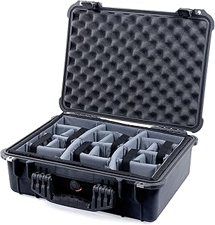 Pelican 1520 Case by ColorCase - Black - Medium Size Waterproof Case with Grey Padded Dividers & Convoluted Lid Foam - Black Handles & Latches