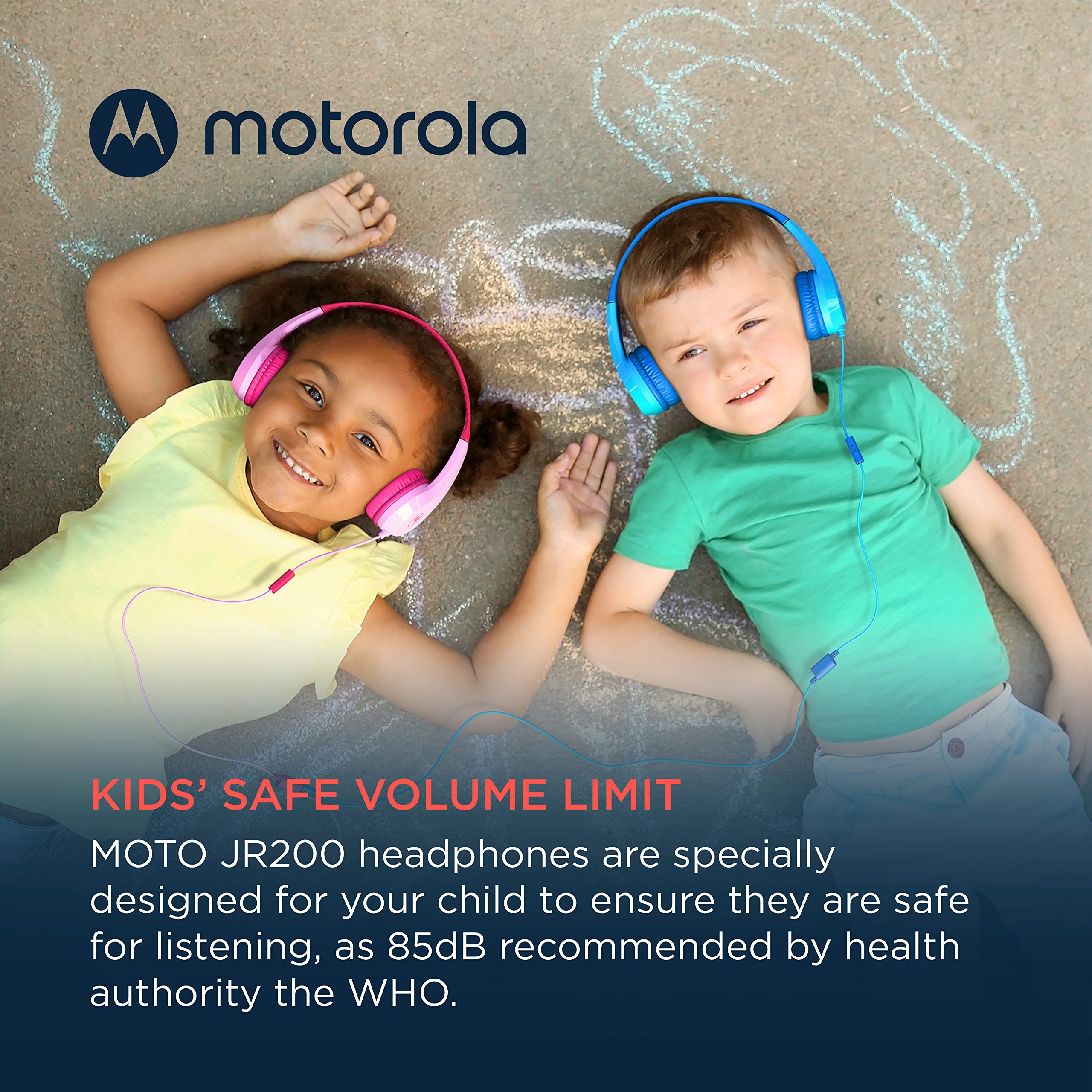 Motorola Sound JR200 Słuchawki dla dzieci z kablem – ograniczenie głośności 85 dB z rozdzielaczem audio, bez BPA, od 3 lat, niebieskie