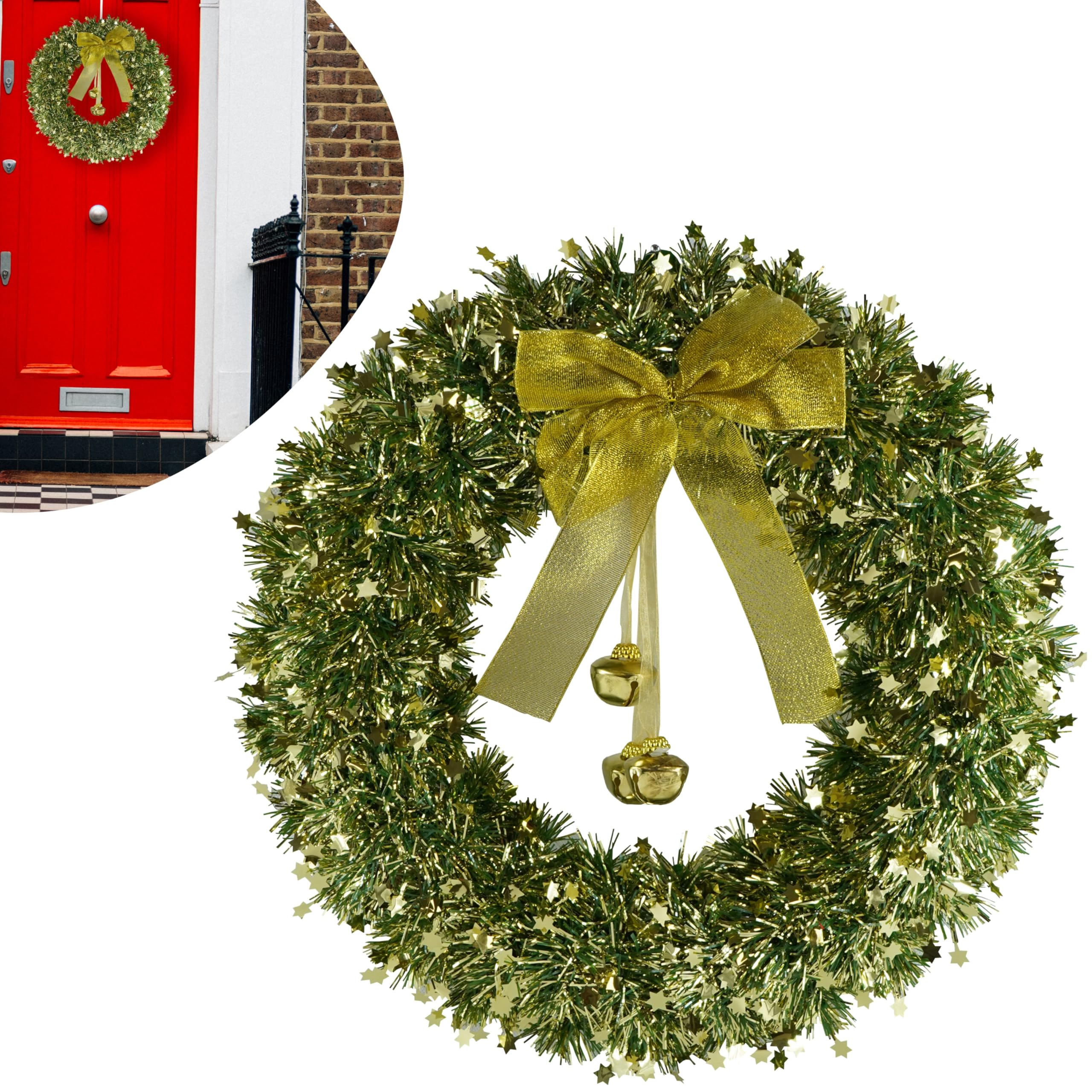 Christmas Tinsel Wreath 42cm Green with Bells & Bow – Large Xmas Door Wreath Decoration for Wall, Window, Tree & Holiday Party Décor