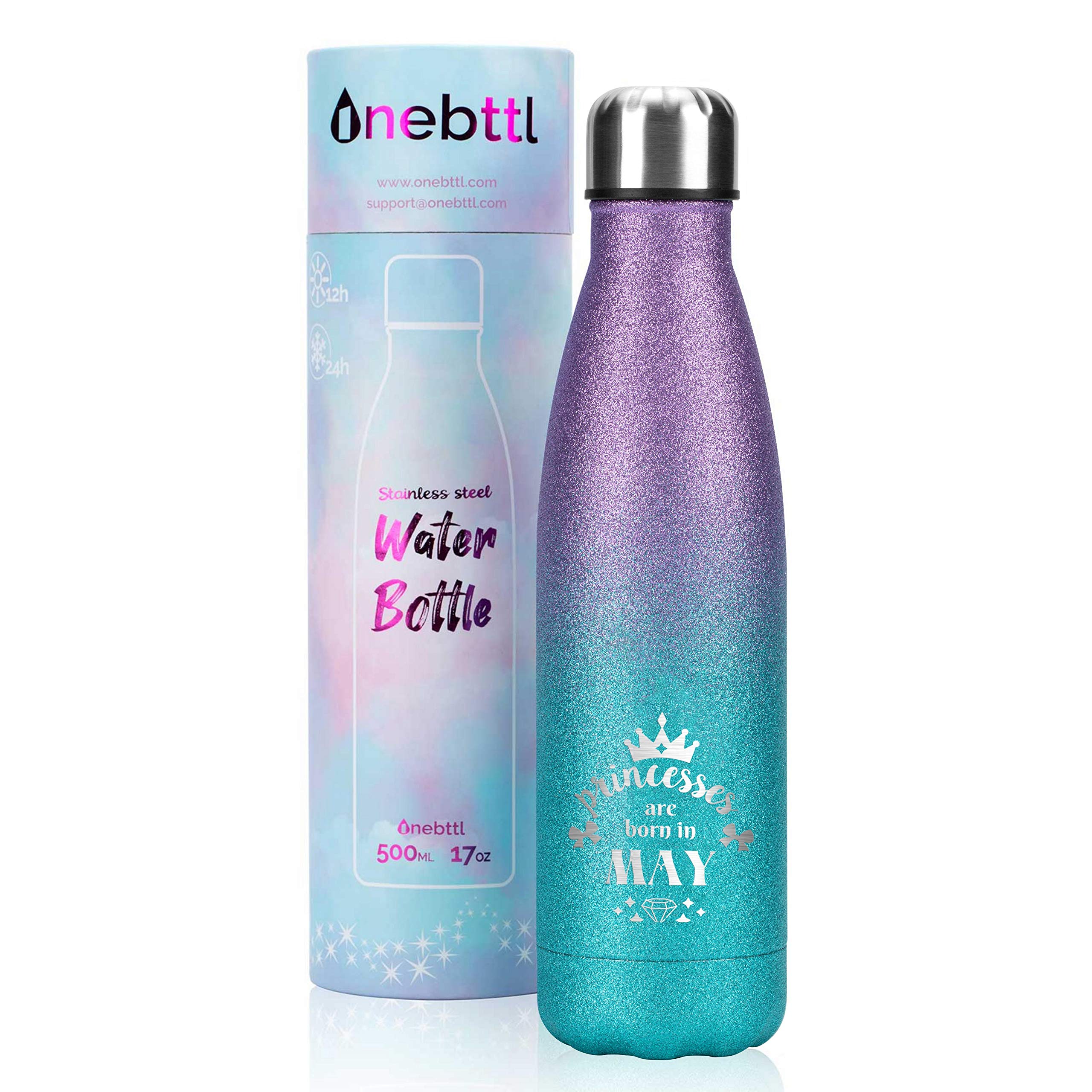 Onebttl Unique Birthday Gifts for Girls, Women - Insulated Stainless Steel Water Bottle, Glitter Water Bottles - Purple and Blue - Princesses are born in May