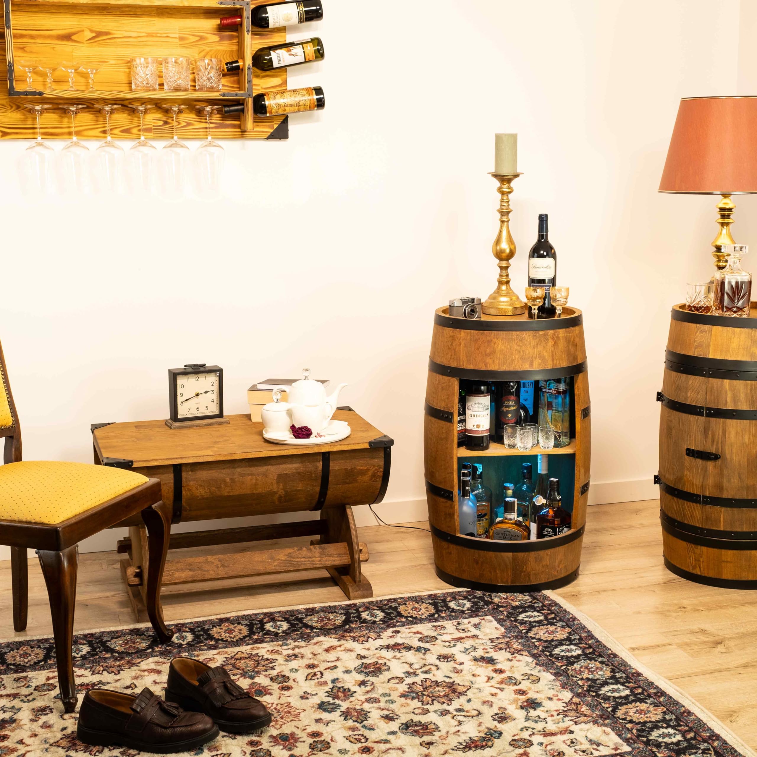 CREATIVE COOPER Weinregal Holz - Weinschrank Mini Bar - Alkohol Schrank Mann - Barschrank mit LED-Leuchten - 80cm hoch - Retro deko Bar Regal - Hausbar Theke - Fassmöbel (Wenge)