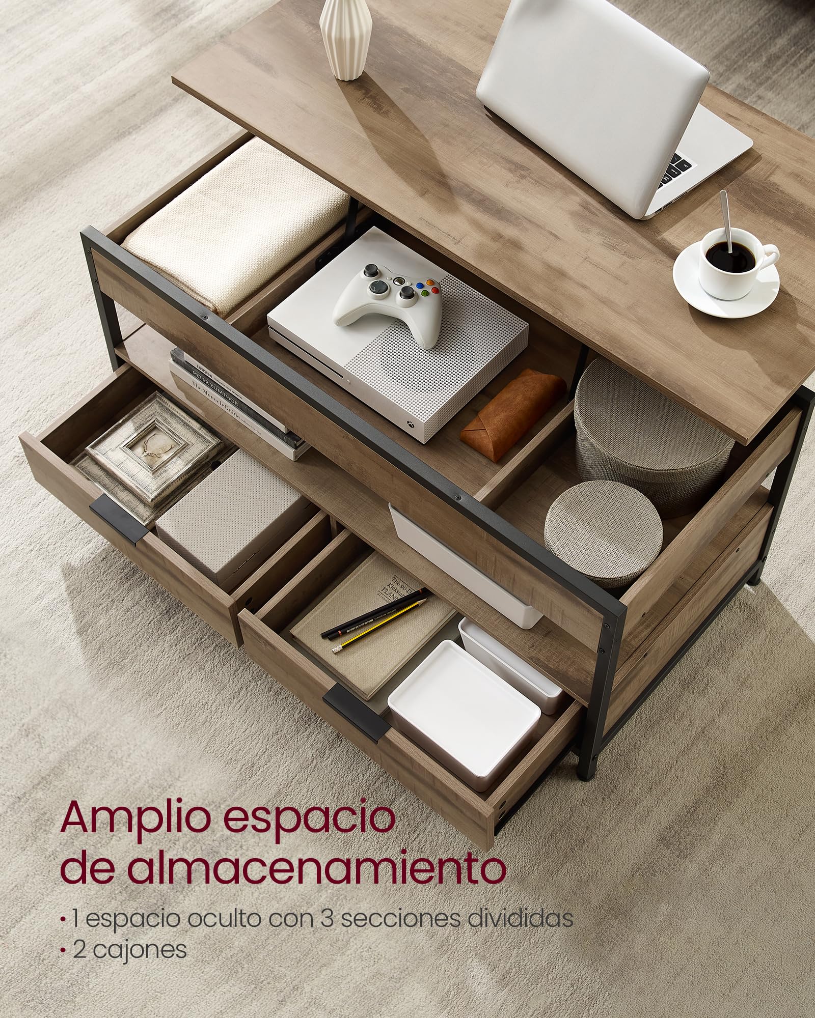 VASAGLE Mesa de Centro Elevable, Mesa de Salón, con Cajones de Almacenamiento, Compartimentos Ocultos y Estante Abierto, 50 x 100 cm, Marrón Camello y Negro Tinta LCT209K02