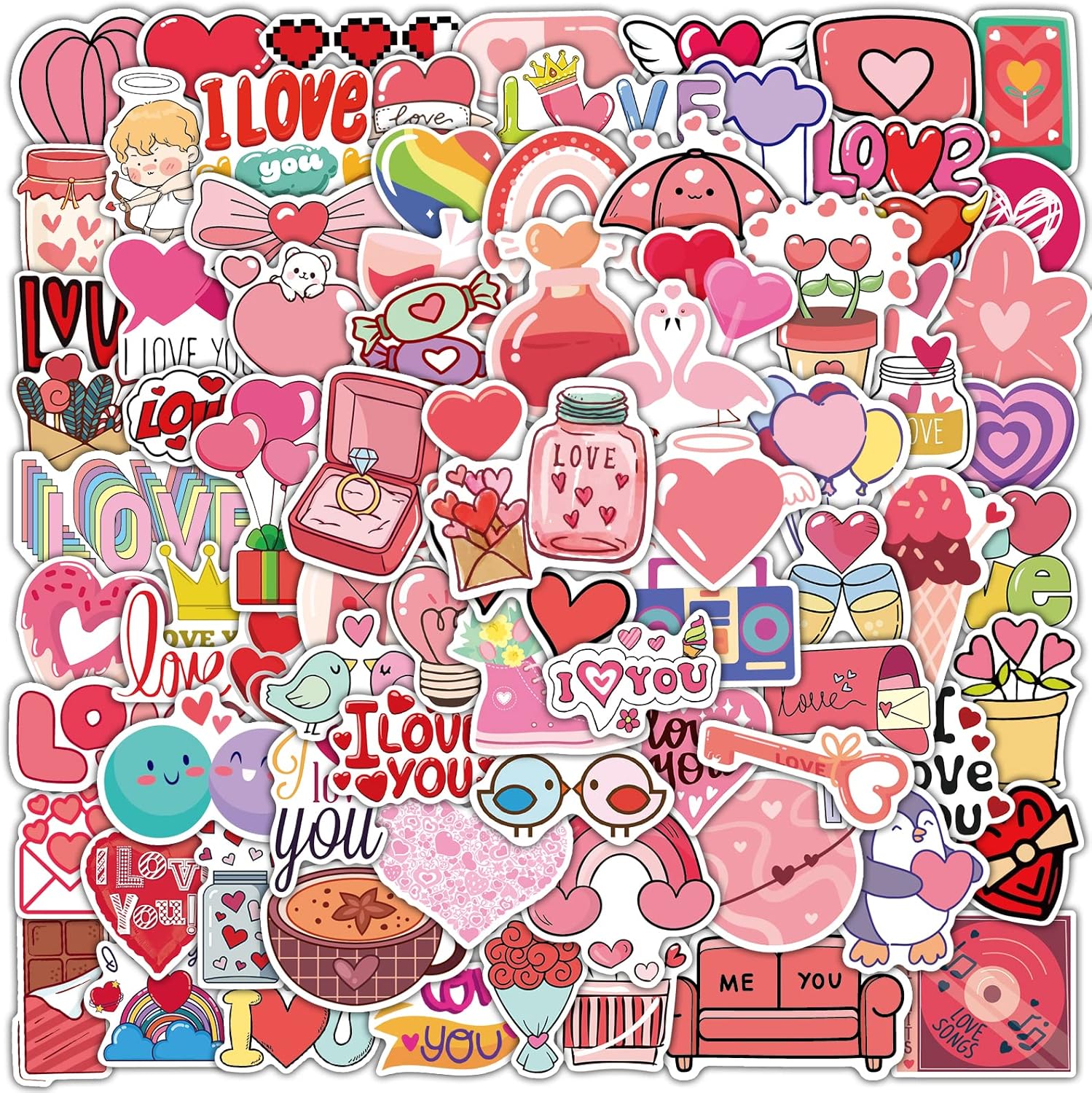 100pcs Valentine Stickers, Love Vinyl Waterproof for Laptop Water Bottles Scrapbook Skateboard Guitar Heart Romantic Valentine's Day for Teens and Adults