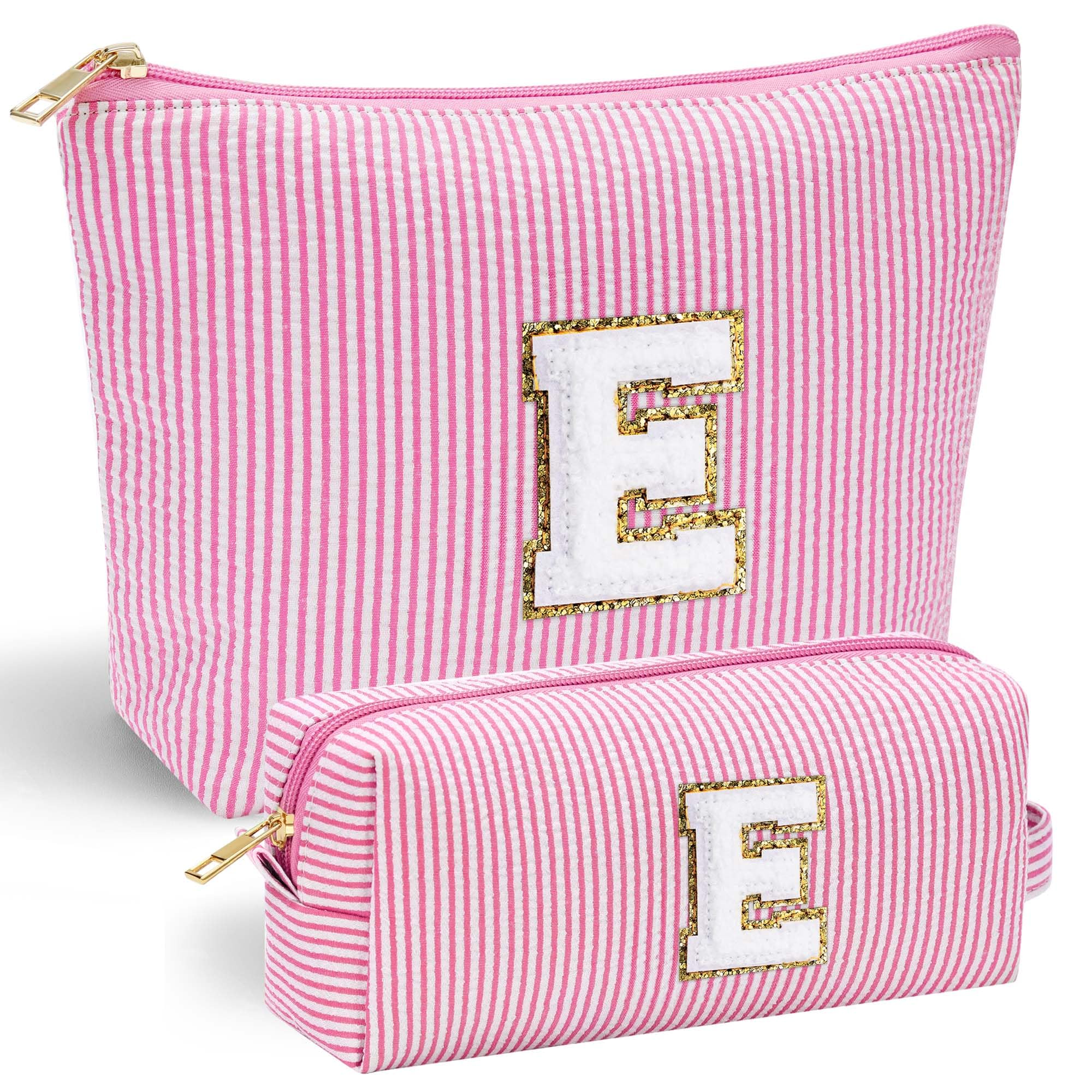 YOOLIFE Personalized Makeup Bag for Women - Monogram Cosmetic Bag Travel Toiletry Bag Brush Holder Birthday Gifts for Women Her Wedding Bridesmaid Friend Sister Teacher Wife Grandma Pink Initial E