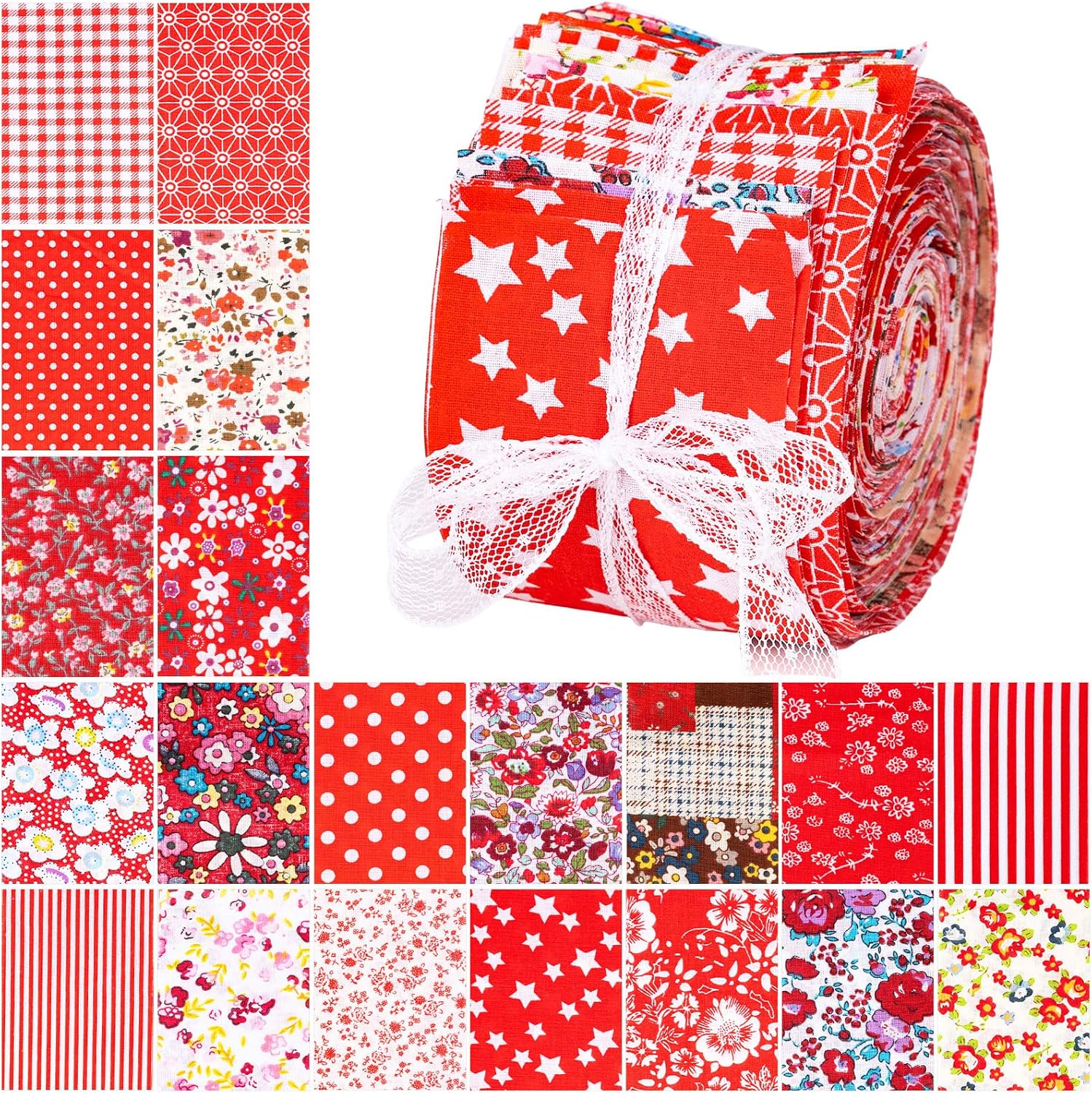 Biutee 40Pcs Cotton Jelly Roll Fabric Strips for Quilting, 20 Pink Patterns