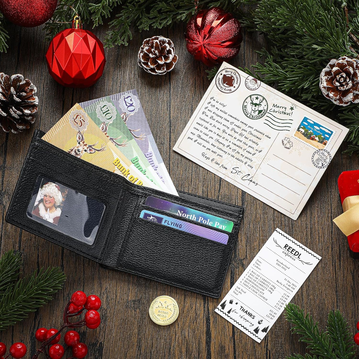 Syhood Santas Lost Wallet Kit with ID Card Money Receipt Photo Holiday image 3