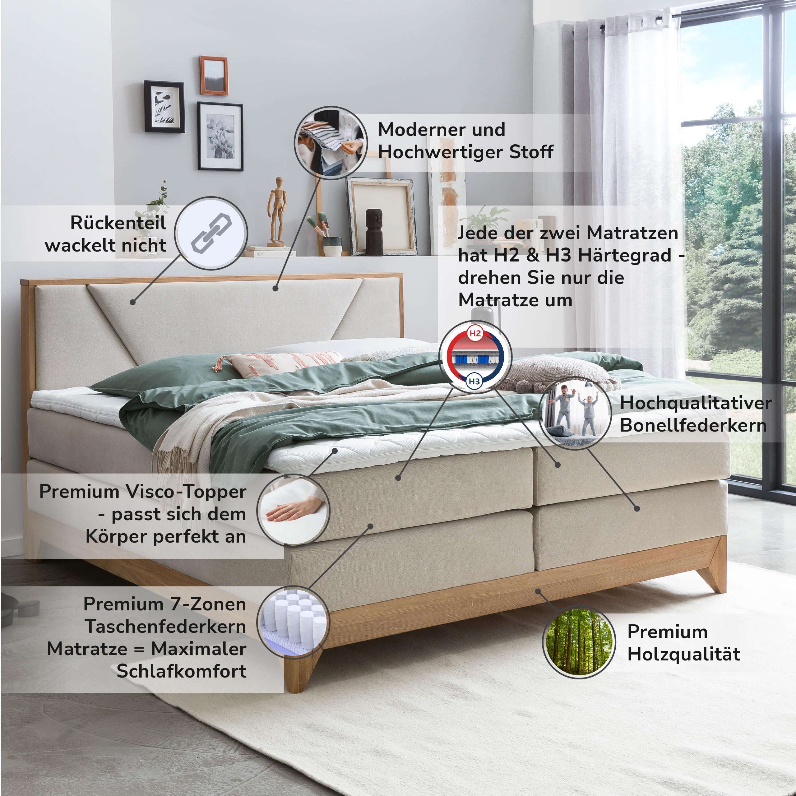 Belanoti Riviera Boxspringbett 180x200 Eiche 7-Zonen Taschenfederkern Matratze inkl Visco Topper Bett 180x200 in der Farbe Beige H2/H3 Polsterbett Hotelbett mit Massivholz Eiche Massivholzbett