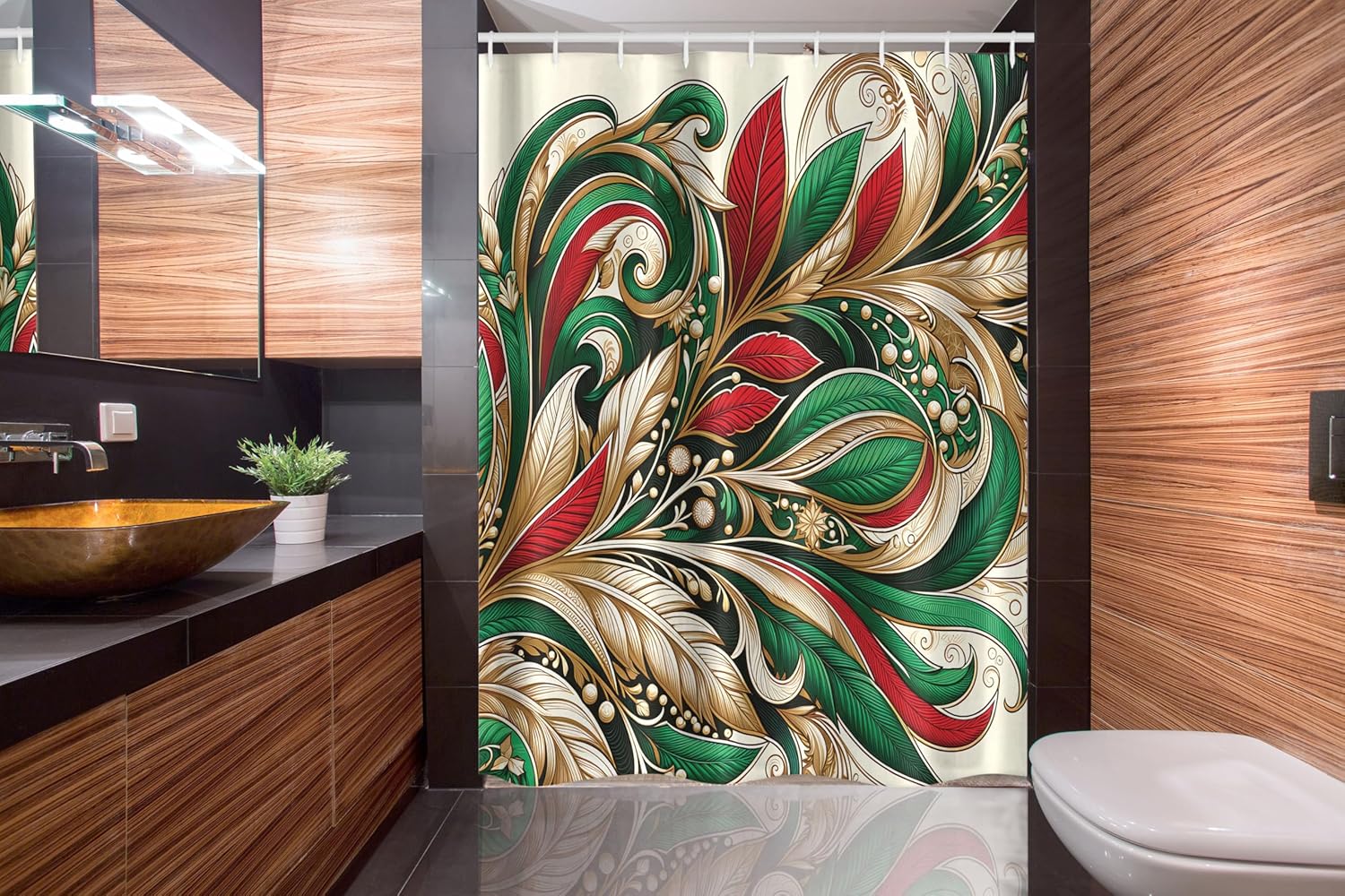 Ambesonne Christmas Stall Shower Curtain, Exotic Ornate Xmas Vibe Bold Color Feathers and Snowflakes Plain Back, Fabric Bathroom Decor Set with Hooks, 54" W x 78" L, Green Ecru Vermilion