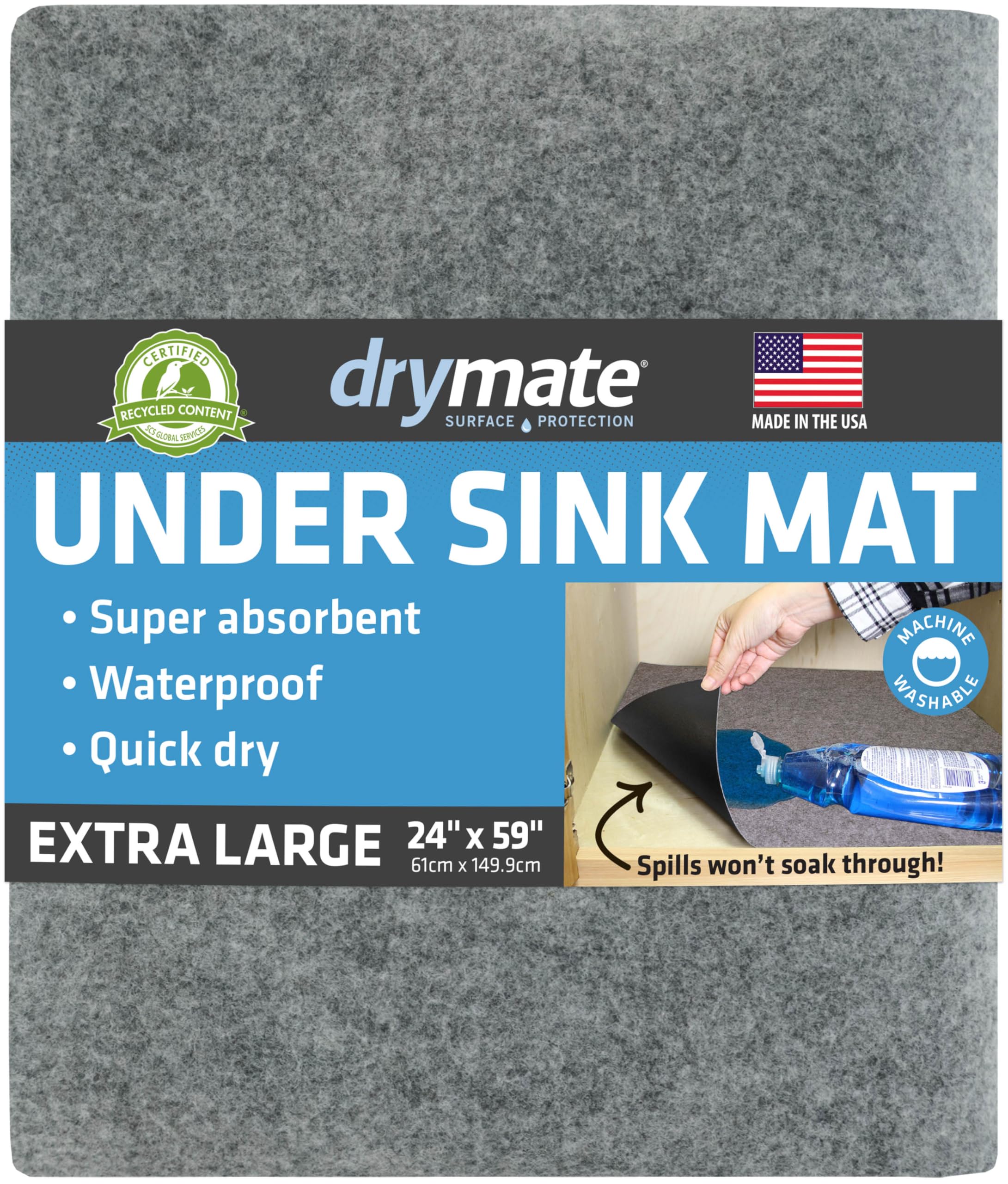 Drymate Premium XL Under Sink Mat, Waterproof Cabinet Protection Mats for Kitchen & Bathroom, Absorbent Shelf Liners, Slip-Resistant, Non-Adhesive, Machine Washable (USA Made)(24”x59”)(Light Grey)