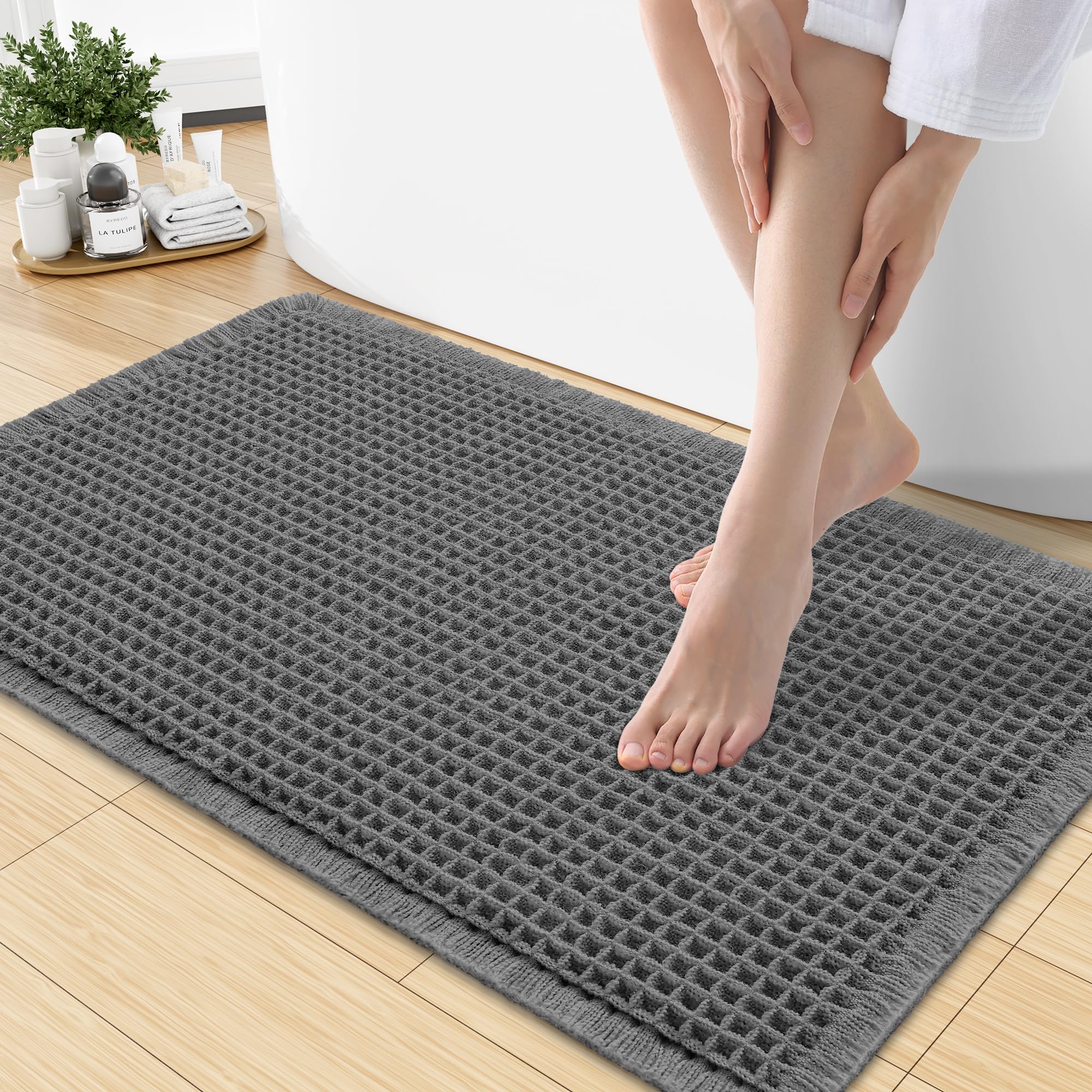 Smiry Waffle Bath Mat 30X18, Extra Soft Absorbent Bathroom Rugs, Dark Grey