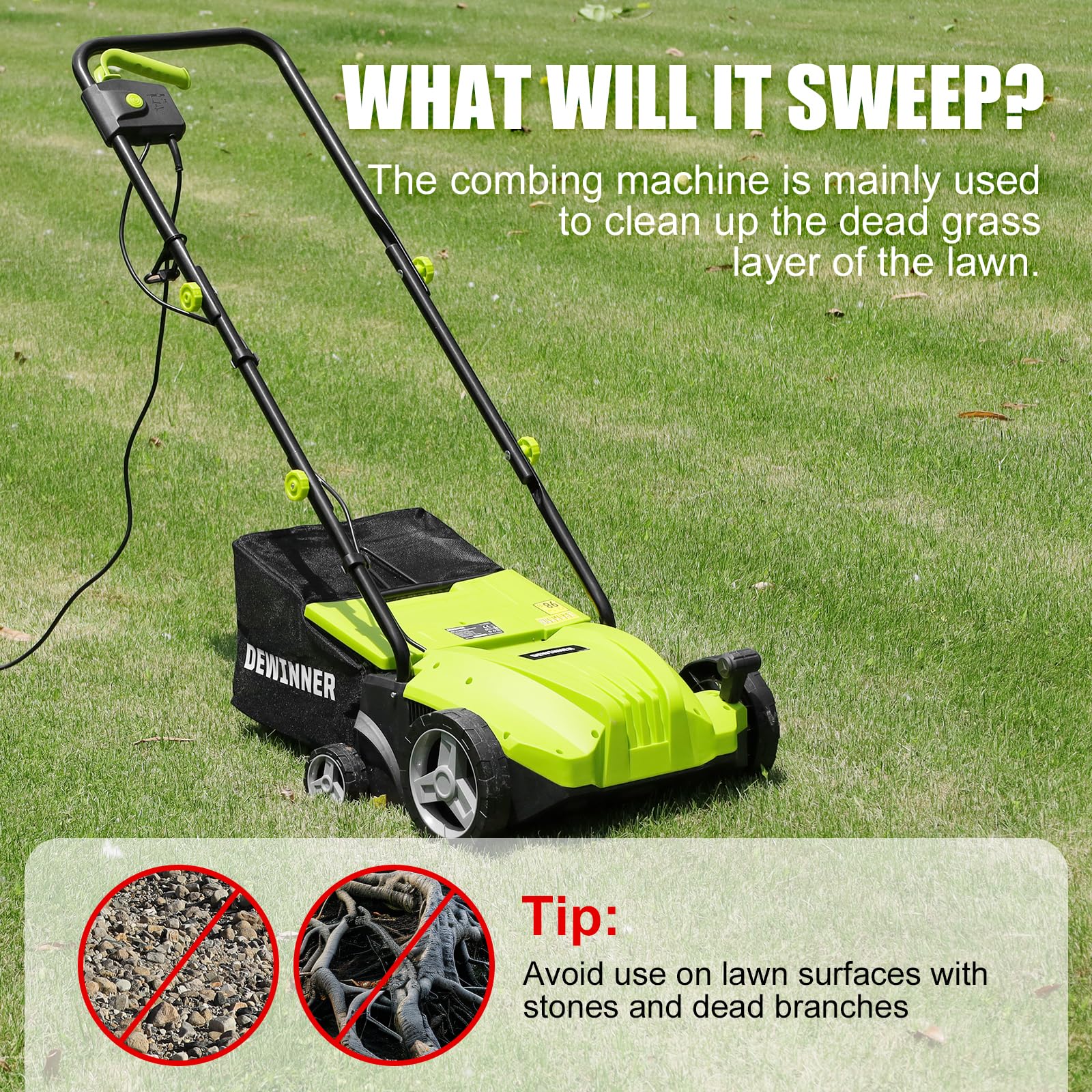 DEWINNER 1500W Scarificateur émousseur électrique, 2 en 1 Scarificateur AéRateur électrique, 3200 TR/Min, avec 2 Lames De Rechange Incluses, Bac Ramassage 30L, Profondeur Réglable-4 Profondeurs