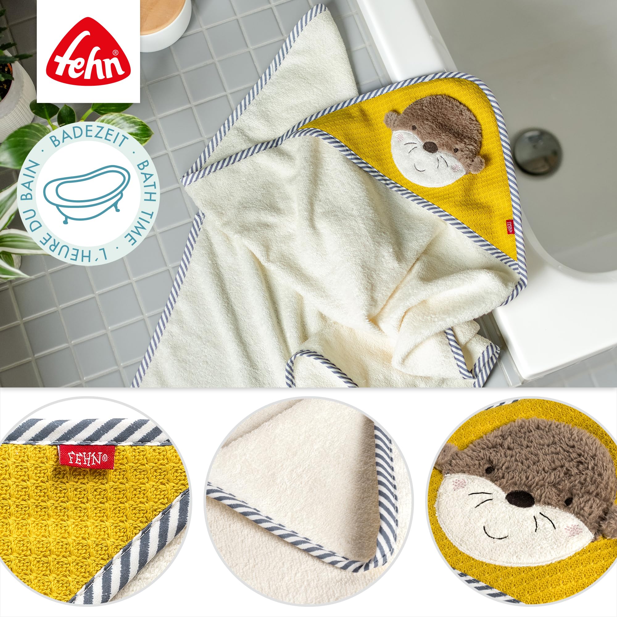 Fehn Serviette de Bain Loutre - Serviette de Bain Enfant Poncho en éponge - Serviette de Bain avec Capuche pour bébés et Jeunes Enfants à partir de 0+ Mois