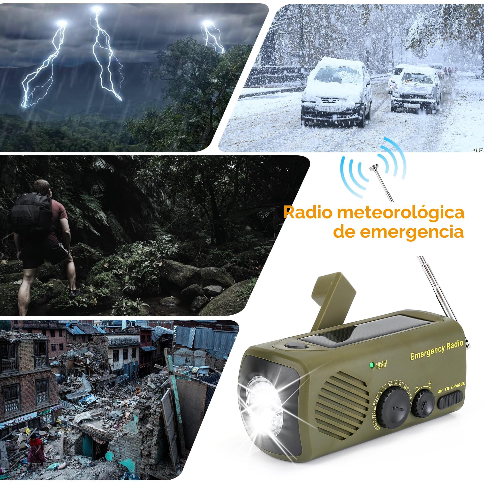 Radio solar de emergencia URPRO, radio portátil de manivela con AM/FM, batería externa recargable 3000mAh, alarma SOS, linterna LED, cargador USB para teléfono móvil, para camping y senderismo