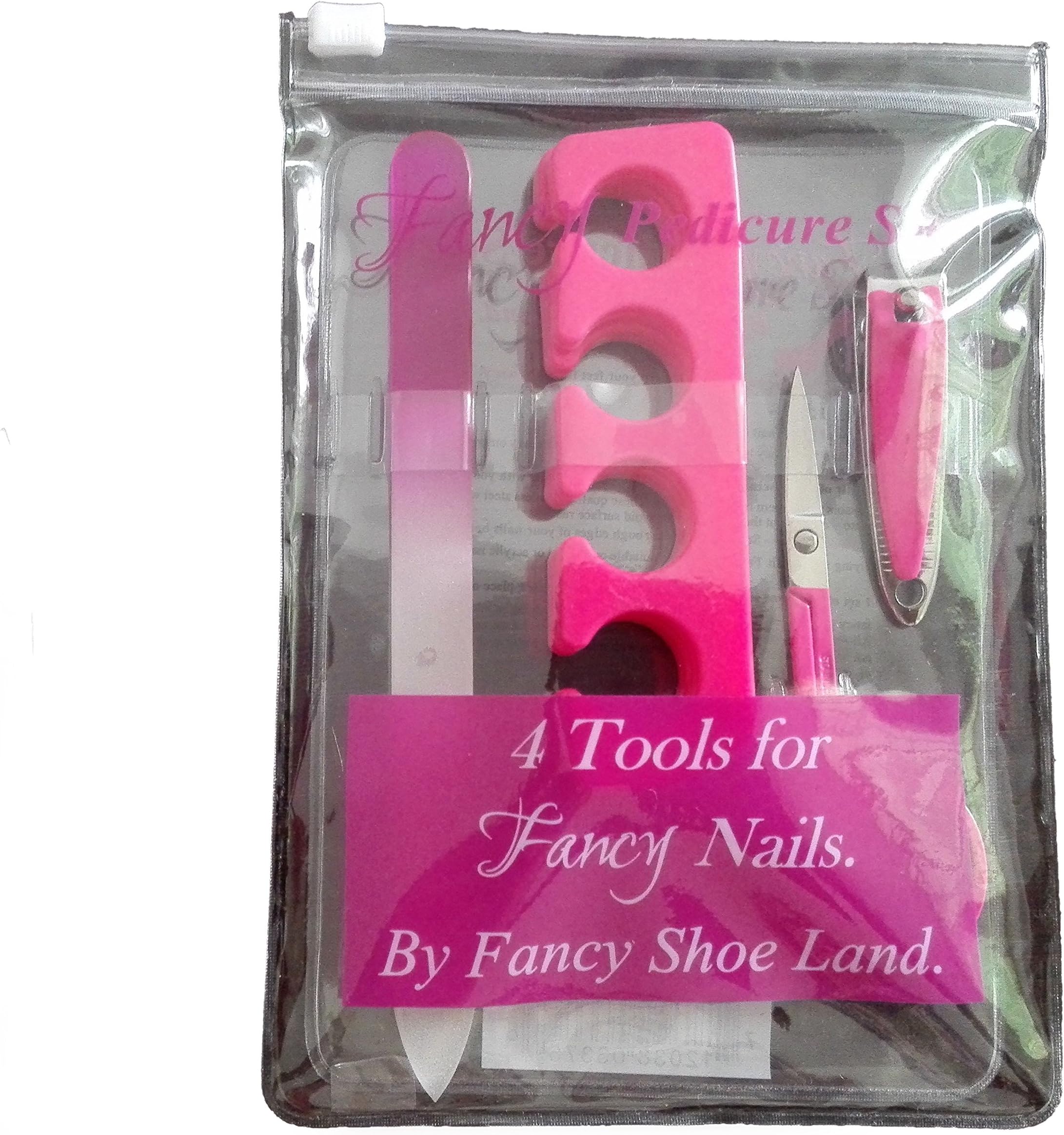 Pedicure Manicure set 4-piece nail care kit includes glass finger nail file buffer, toenail clippers, small nail scissors, gel toe separators for painting toenails.